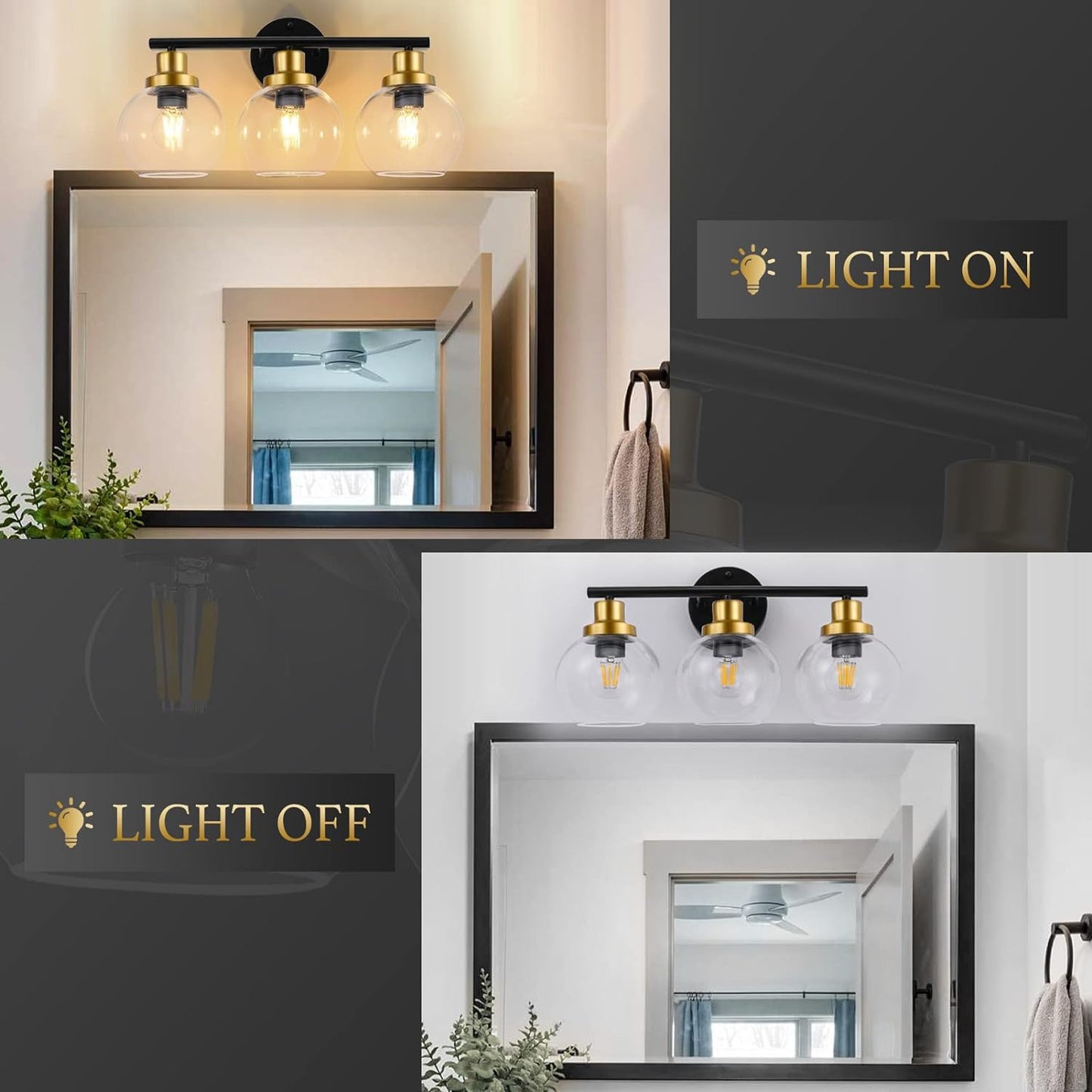 Pasearo Bathroom Light Fixtures, 3-Light Bathroom Vanity Light with Clear Globe Glass Shade, Black Gold Modern Wall Sconces Lighting Over Mirror,22 inch Vintage Light Exclude Bulb for Bedroom Hallway