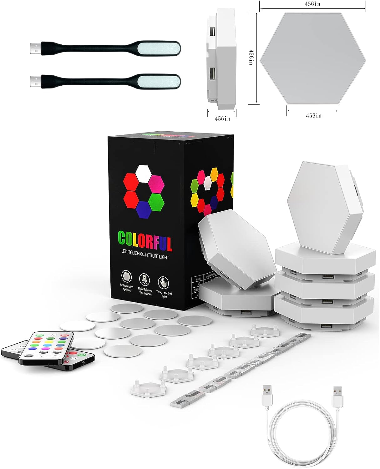 Hexagon Lights, Touch Discolored Hexagon Wall Lights, Hex Lights with Remote and USB Power, Wall-mounted Led Light Wall Panels-DIY Stitching Gift, Suitable for Living room, Bedroom, Game Room(6 packs)