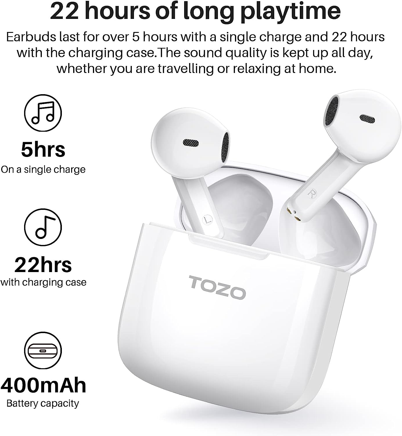 TOZO A3 2023 Upgraded Wireless Earbuds Bluetooth 5.3 Half in-Ear Lightweight Headsets with Digital Call Noise Reduction, Reset Button Hall Detection,Premium Sound with Long Endurance