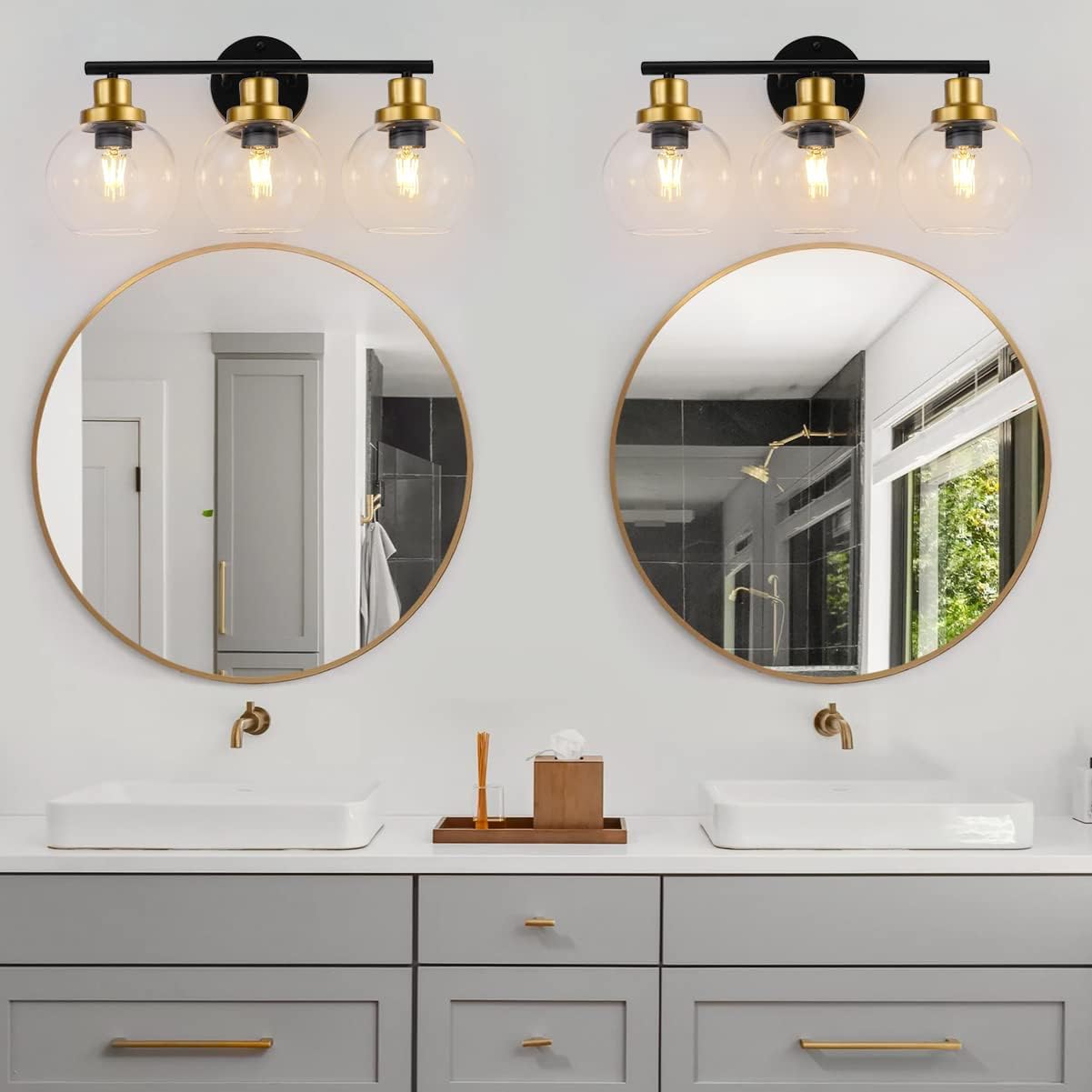 Pasearo Bathroom Light Fixtures, 3-Light Bathroom Vanity Light with Clear Globe Glass Shade, Black Gold Modern Wall Sconces Lighting Over Mirror,22 inch Vintage Light Exclude Bulb for Bedroom Hallway