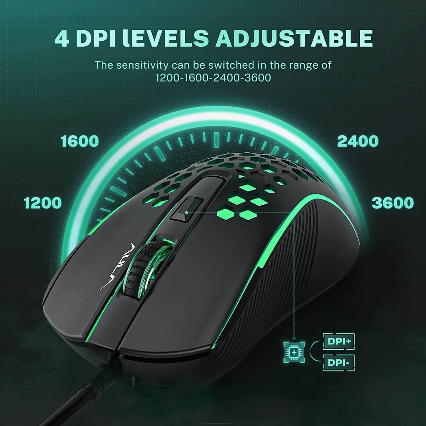 Gaming Mouse Wired, Ultra-Lightweight Honeycomb Computer Mice with RGB Backlit, 3600 Adjustable DPI USB Computer Mouse for Windows PC & Laptop Gamers