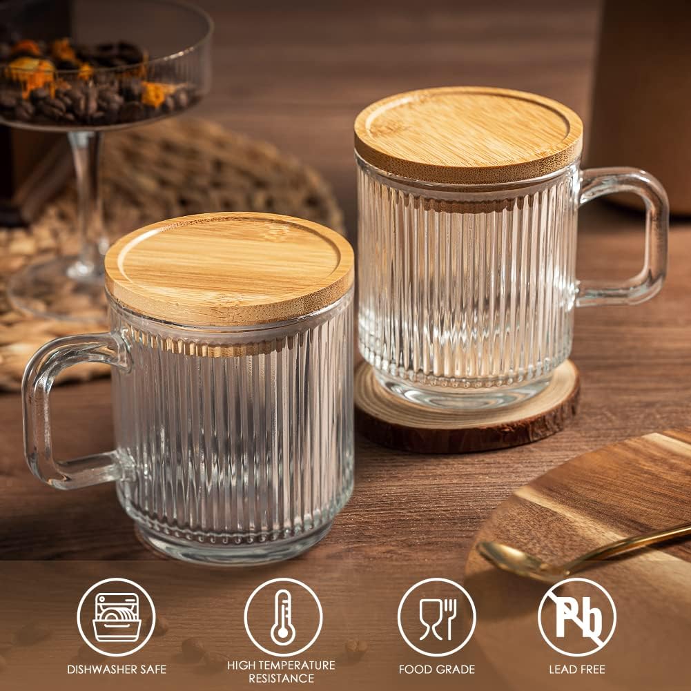 Glass Coffee Mugs, Espresso Cups for Coffee Bar Accessories, Clear Coffee Mug Set of 2, 11oz Glass Coffee Cups with Lids and Spoon, Cute Ribbed Glassware Set for Latte, Cappuccino, Tea, Gift