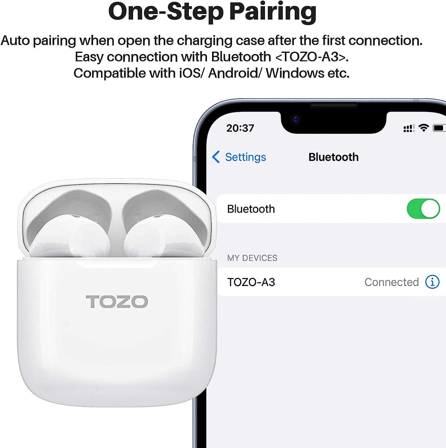 TOZO A3 2023 Upgraded Wireless Earbuds Bluetooth 5.3 Half in-Ear Lightweight Headsets with Digital Call Noise Reduction, Reset Button Hall Detection,Premium Sound with Long Endurance