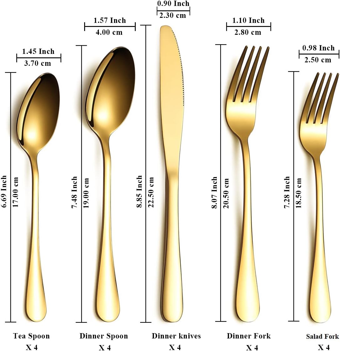 Flatware Set 20 Piece, Stainless Steel With Titanium Gold Plated, Golden Color Flatware Set, Silverware, Cutlery Set Service For 4 (Shiny Gold)