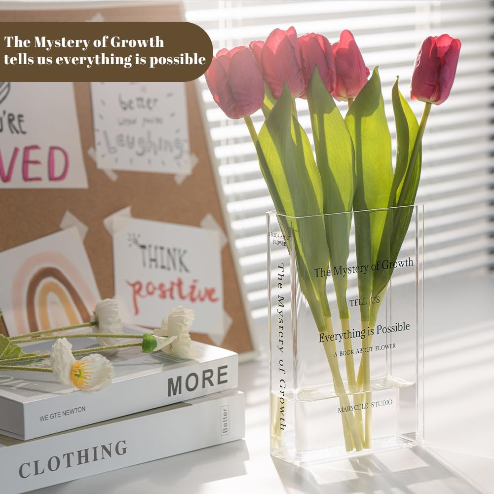 Marycele Acrylic Book Vase, Flower Vase for Room Decor Aesthetic, Unique Vases Gifts for Women, Funky Wedding/Office/Living Room/Home Decor, Home Essential Apartment Must Haves for Book Lovers (Clear)