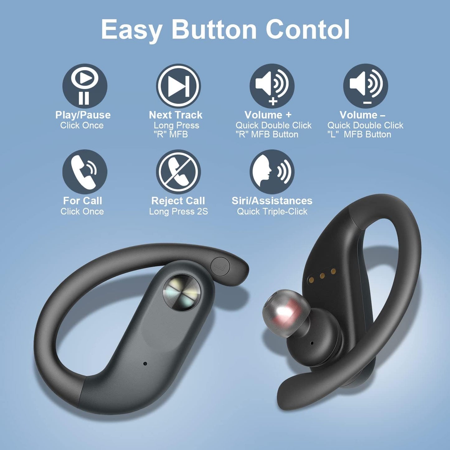 Wireless Earbuds 48H Playback Bluetooth Headphones Earbuds with Wireless Charging Case and Earhooks Over Ear Waterproof Earphones with Mic for Sports Running Workout iOS Android Phone Laptop Black