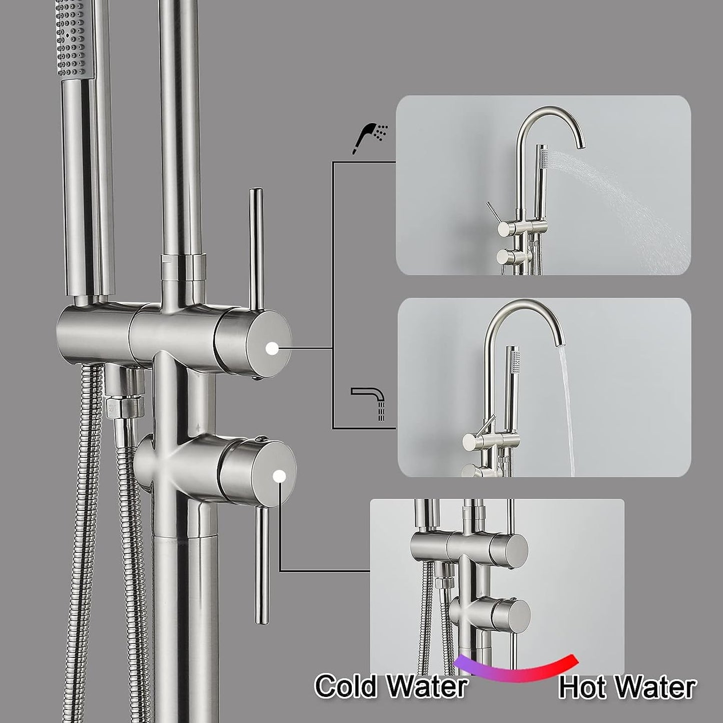 Freestanding Tub Fillers Brushed Nickel Floor Mounted Bathtub Faucets With Handheld Shower 360 Swivel Standing Spout High Flow Bathroom Metal Shower