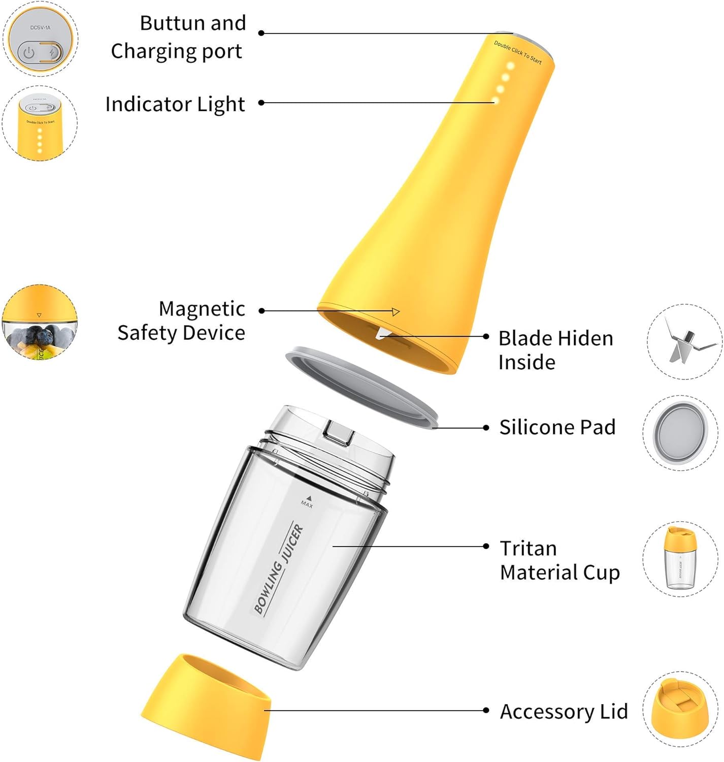 Portable Blender, Personal Blender with USB Rechargeable Mini Juicer Mixer, 15Oz Personal Size Blender for Smoothies and Shakes Mini Blender Mixer Travel 380ML, Fruit Juice, Milk