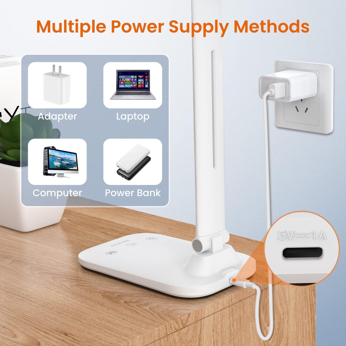 LED Desk Lamp Foldable, 5 Lighting Colors and 100%~15% Brightness Levels Office Lamp, Touch Control and USB Powered Reading Lamp, Eye-Caring Table Lamp for Read,Work,Study,Sew,Makeup,Manicurist