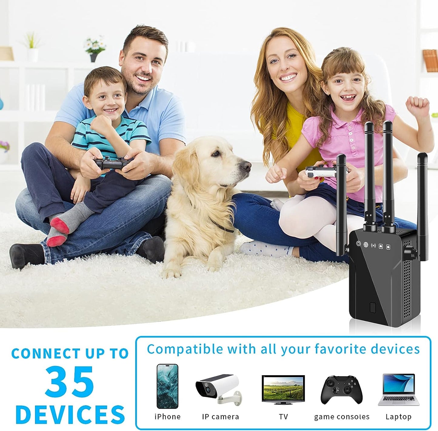 WiFi Extender, WiFi Extenders Signal Booster for Home, WiFi Booster Signal Amplifier 360° Full Coverage Up to 8990 Sq.ft & 35 Devices, WiFi Repeater Internet Booster, 2.4GHz, Alexa Compatible