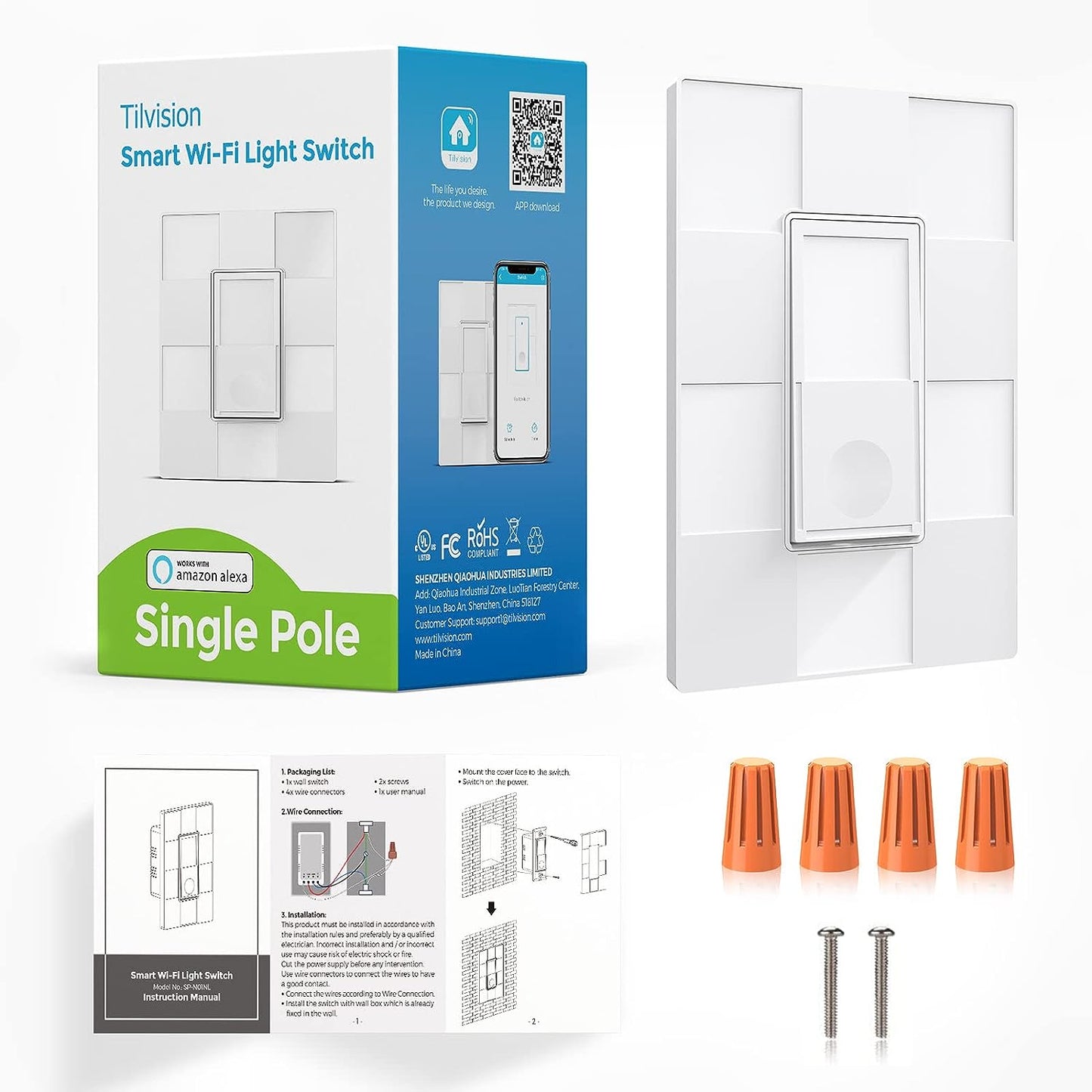 Smart Wall Light Switch,Tilvision 2.4Ghz WiFi Smart Light Switch Work with Alexa,Single Pole Smart Life Switch,Neutral Wire Required,Remote Control Schedule(1 Pack)