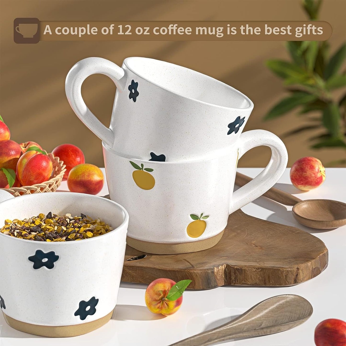 Coffee Mugs Set of 2, 12oz/350ml Ceramic Handles Couple Cup, Flowers and Oranges Mug Best Gifts Novelty Coffee Mug Gift for Women/Men at Home, Kids Mug for School Microwave Safe