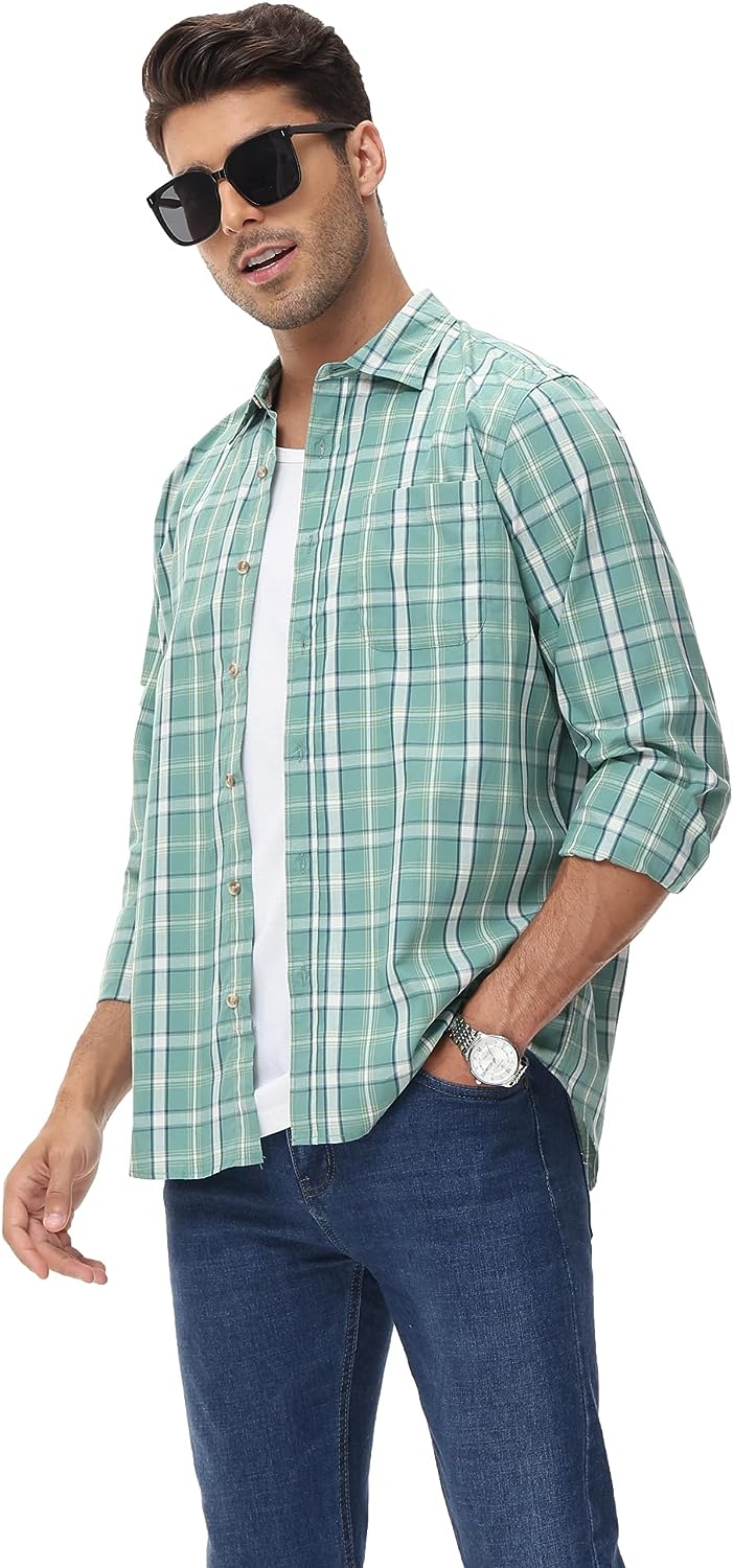 Regular Fit Casual Plaid Shirt for Men Cotton Long Sleeve Button Down Checked Shirts with Pocket