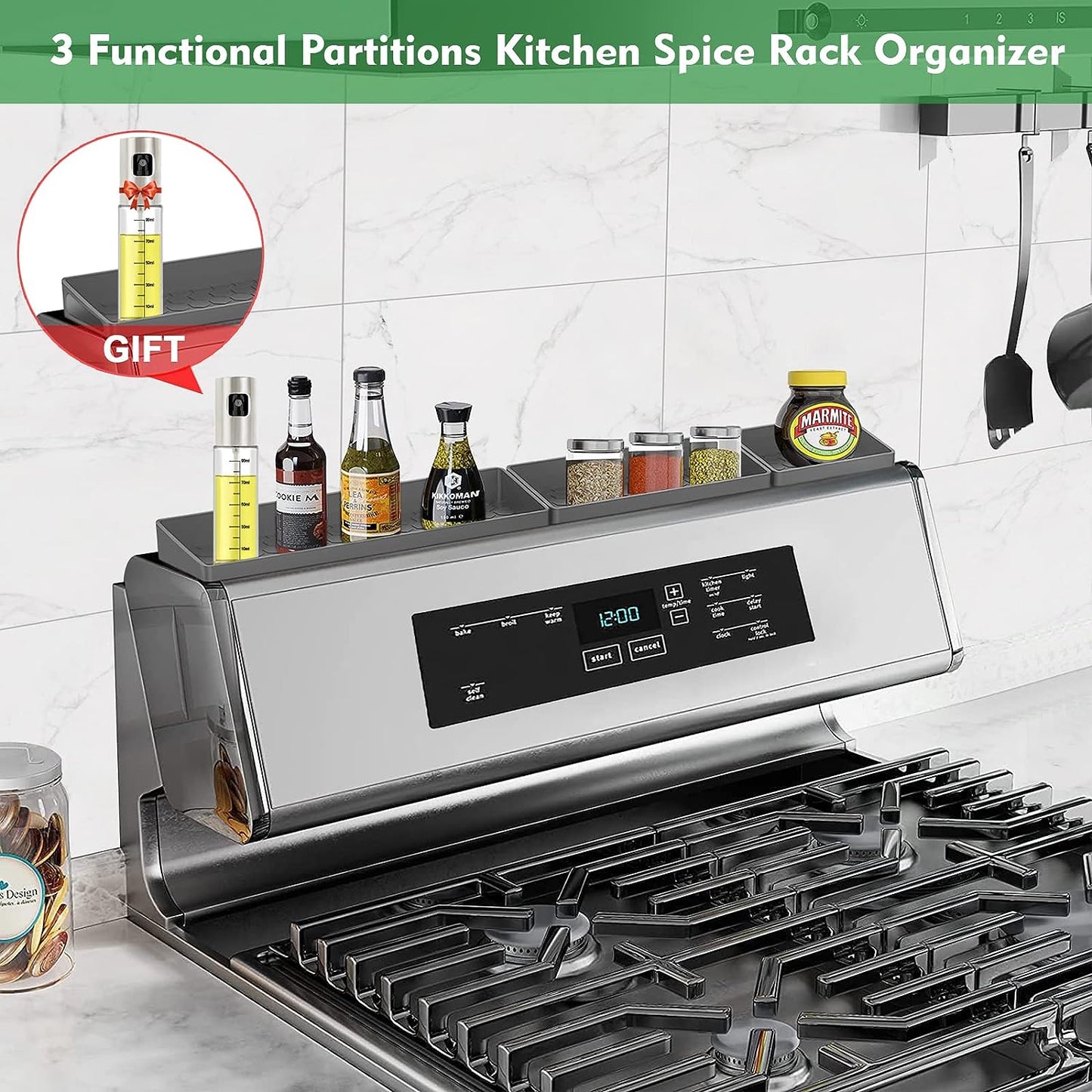 Magnetic Stove Top Shelf 24" & 30", Silicone Over Shelf for Kitchen Stove, Oven Shelf for Back of Stove, 3 in 1 Kitchen Storage Solution, Zero Installation Over Stove Spice Rack Organizer, Grey