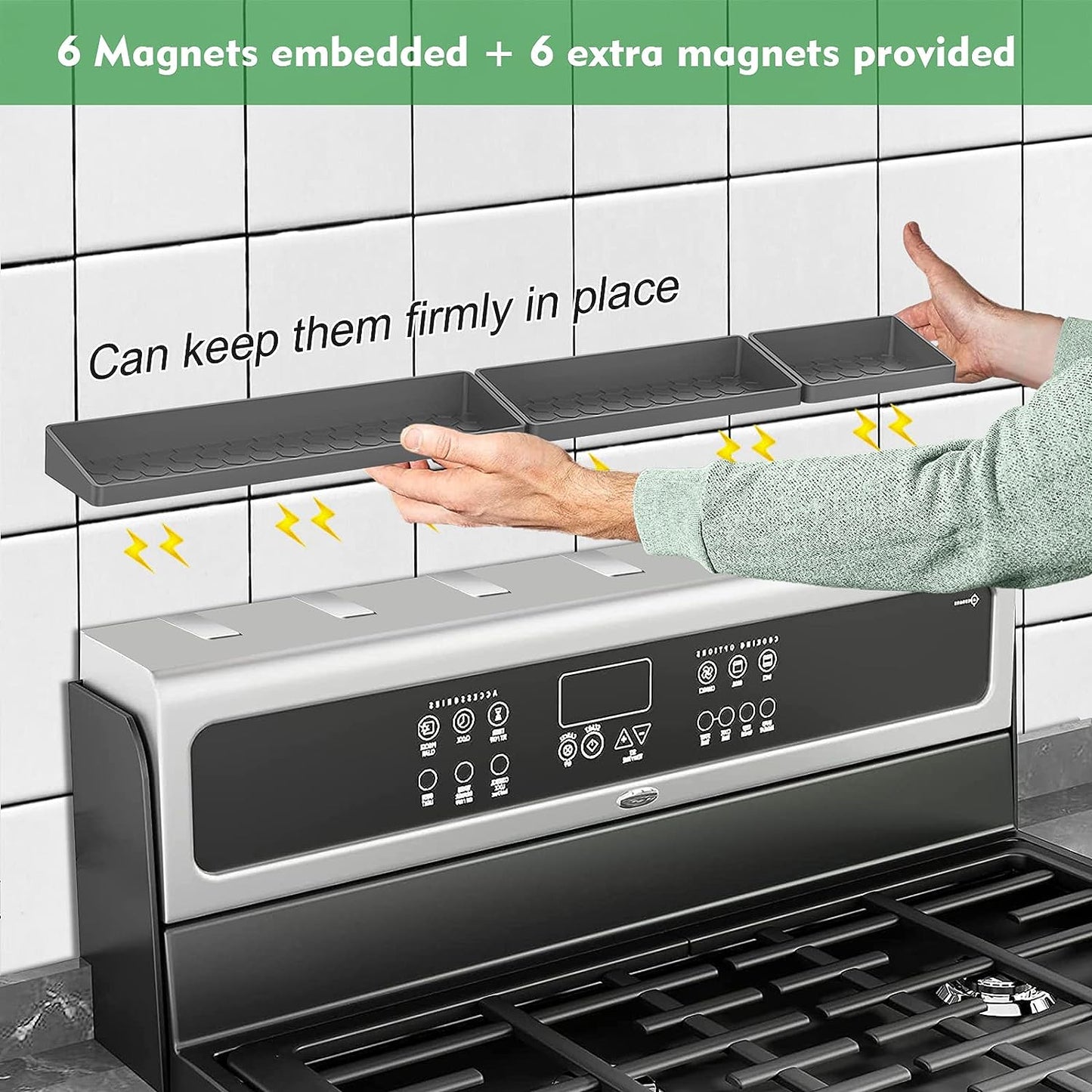 Magnetic Stove Top Shelf 24" & 30", Silicone Over Shelf for Kitchen Stove, Oven Shelf for Back of Stove, 3 in 1 Kitchen Storage Solution, Zero Installation Over Stove Spice Rack Organizer, Grey