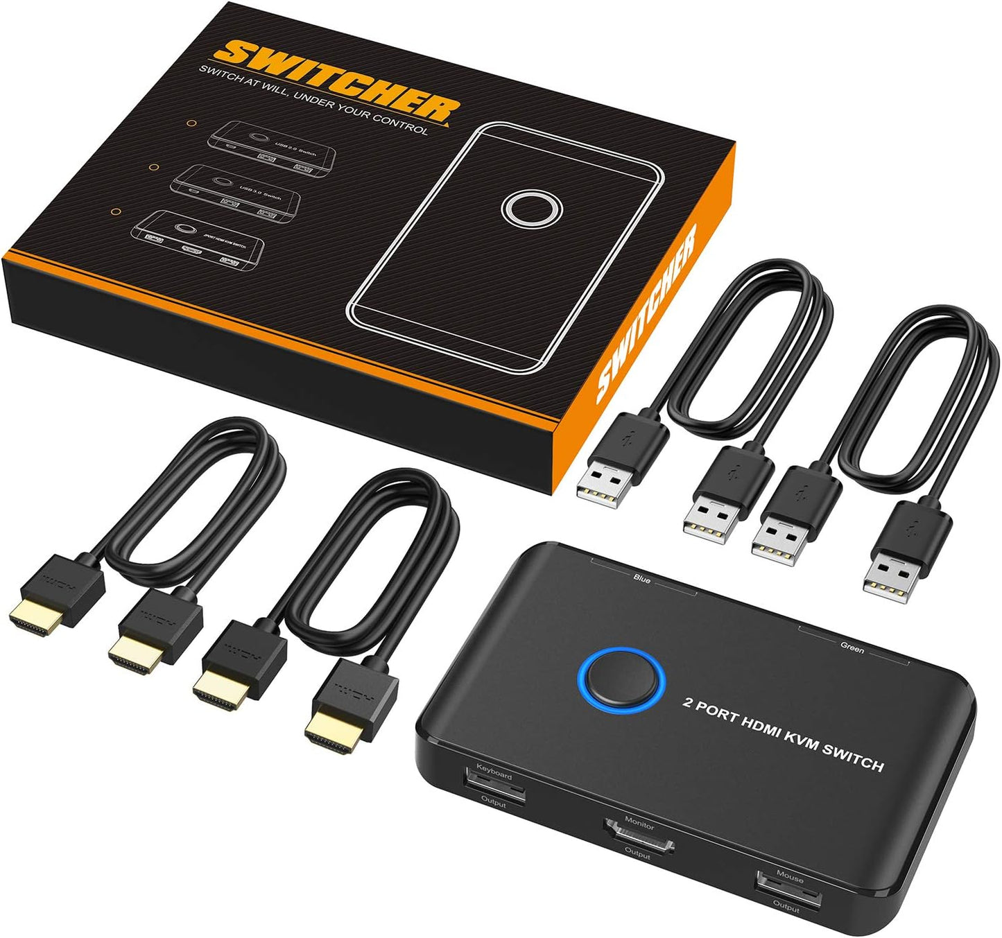 KVM Switch HDMI 2 Port Box,ABLEWE USB and HDMI Switch for 2 Computers Share Keyboard Mouse Printer and one HD Monitor,Support UHD 4K@60Hz,with 2 USB Cable and 2 HDMI Cable