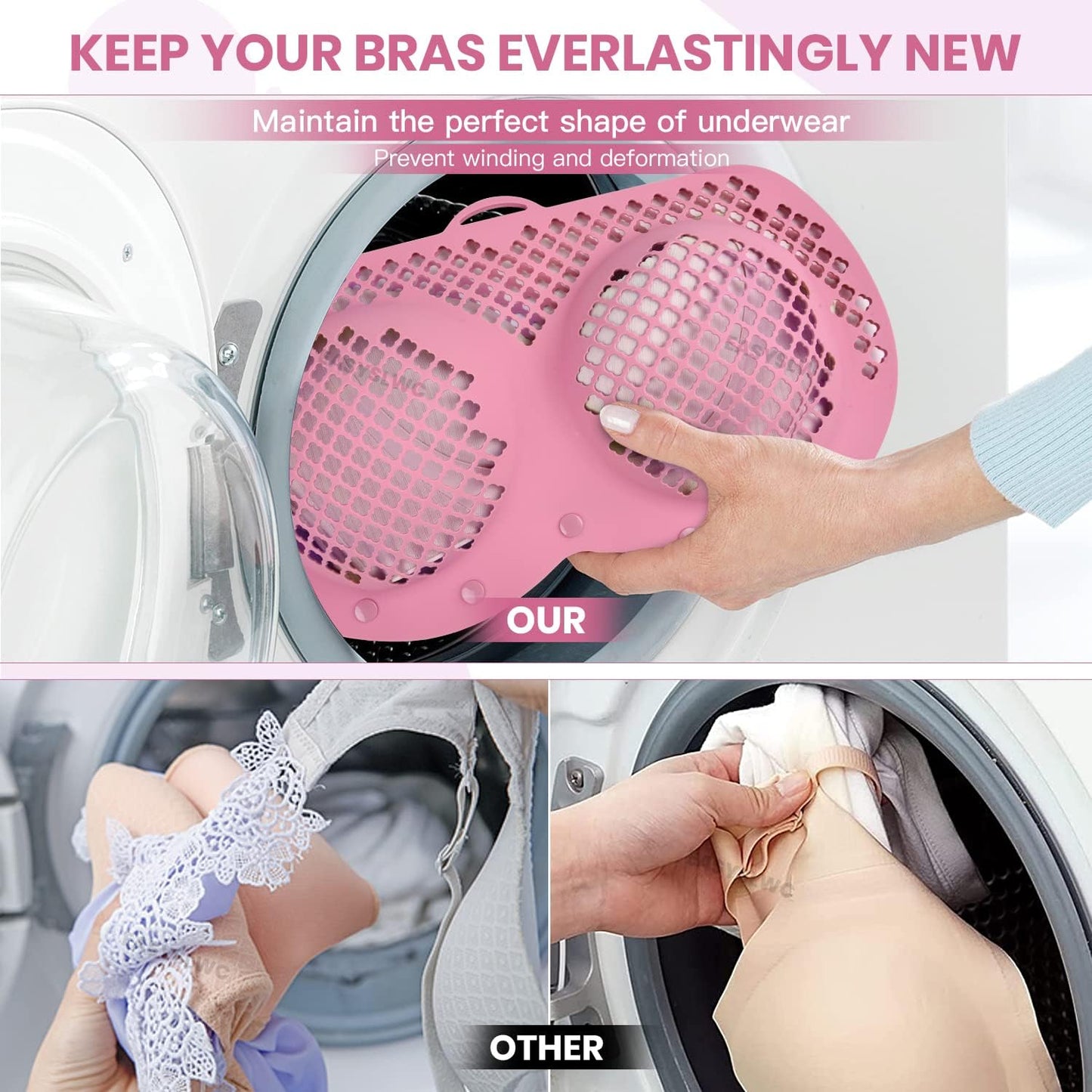 Bra Washing Bag for Laundry, Silicone Lingerie Bags for Washing Delicates, Laundry Bag for Washing Machine & Dryer, Washing Bags for A-D Cup Bras, Maternity Bras, Sports Bras, Sexy Bras(Pink)