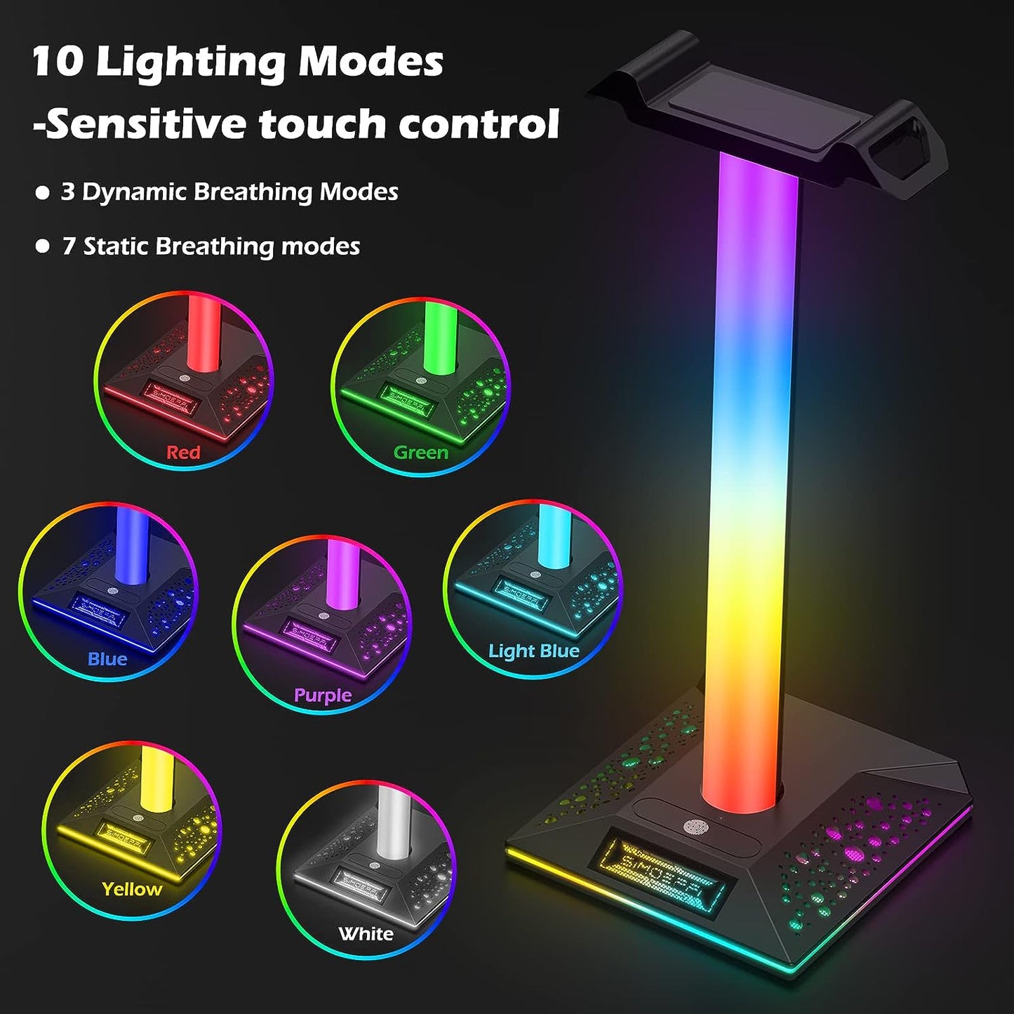 Upgraded RGB Gaming Headphones Stand, Headset Stand with 3.5mm AUX and 2 USB Charging Ports, Headphone Holder with 10 Light Modes and Memory Feature for Gamers PC Earphone Accessories Desk