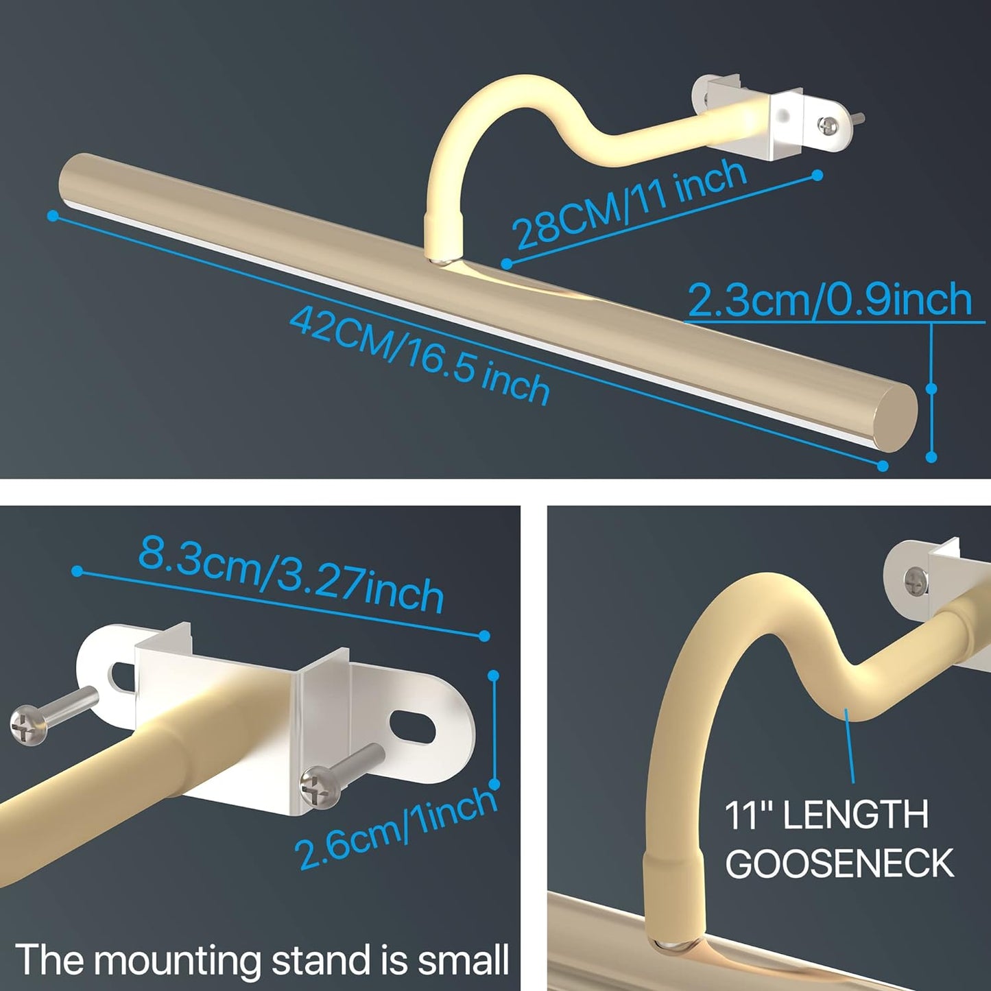Picture Light, Metal Art Lamp with 3 Lighting Modes,10W LED16.6inch Dimmable Dartboard Light,9.9ft Length USB Cable Power Supply(Adapter Plug Included),Gooseneck Arm at Any Angle (Gold)