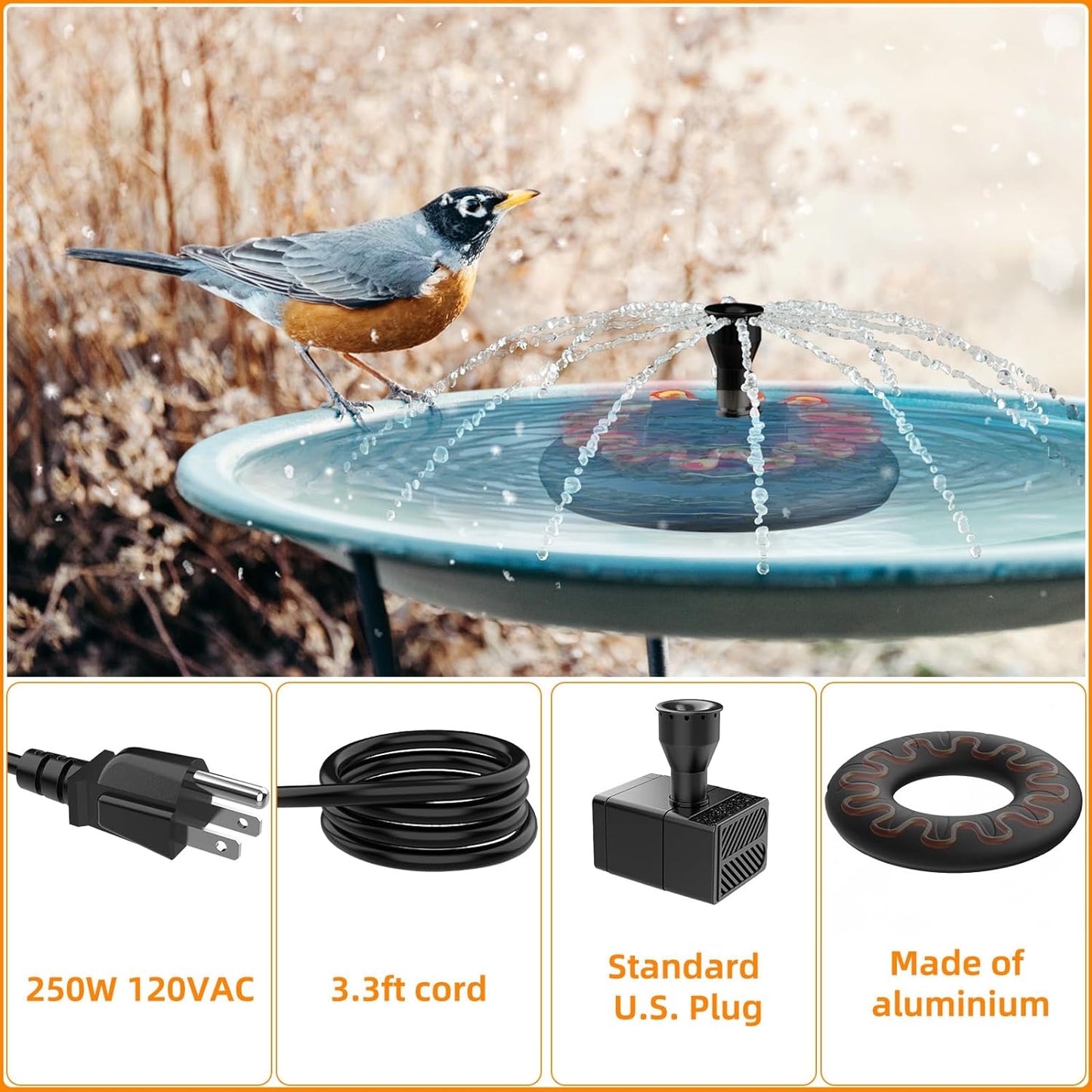 Bird Bath Heater for Outdoors with Water Pump, Deicer for Birdbaths with Thermostatically Controlled and 3.3ft Long Cord,Pond De-icer 70 Watts for Patio Yard Various Bird Baths