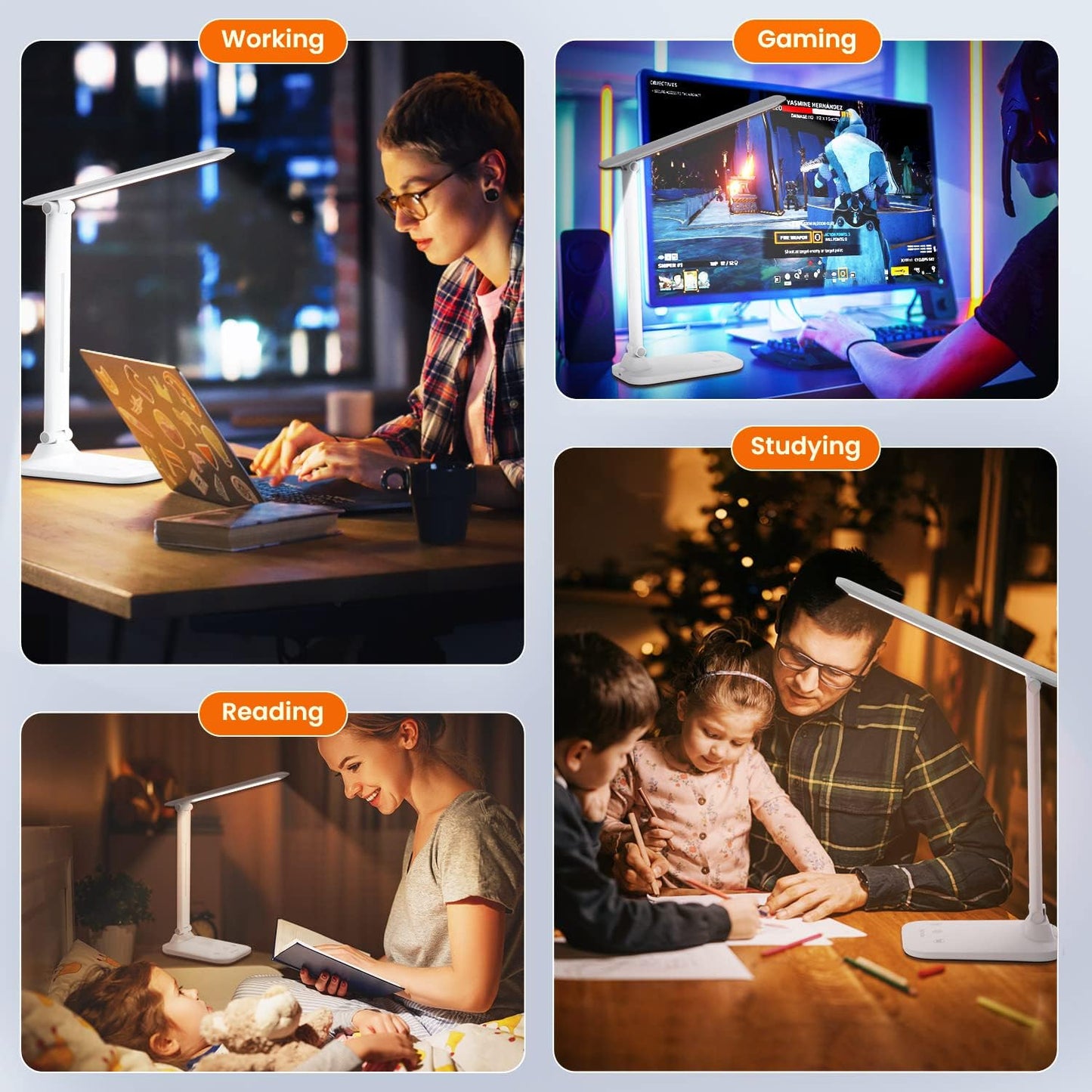 LED Desk Lamp Foldable, 5 Lighting Colors and 100%~15% Brightness Levels Office Lamp, Touch Control and USB Powered Reading Lamp, Eye-Caring Table Lamp for Read,Work,Study,Sew,Makeup,Manicurist