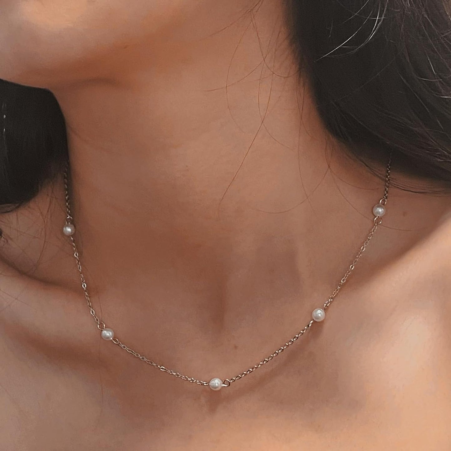 Pearl Necklace Women Dainty Pearl Choker Single Pearl Pendant Pearl Strand Necklaces 18K Gold Filled Non Tarnish Simple Gold Jewelry for Women