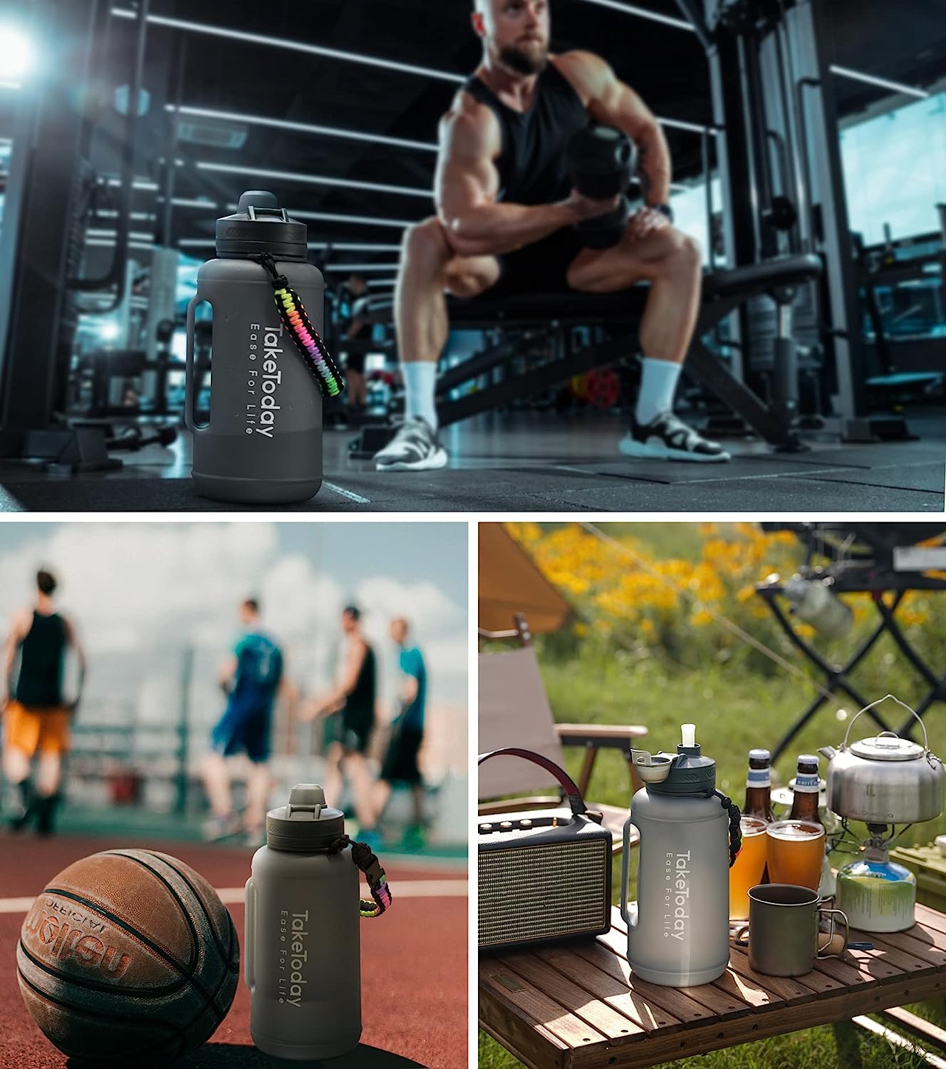 68 oz Collapsible Water Bottles with Straw, Half Gallon Water Bottle with Motivational Time Marker, Large Reusable Silicone Water Jug with Paracord Handle for Sports, Outdoors (Black)