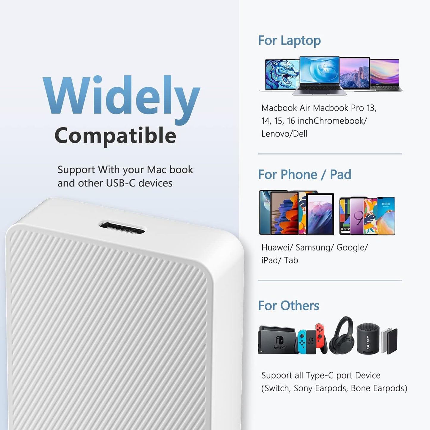 TOPSELL Mac Book Pro Charger - GaN 65W USB C Fast Power Adapter Compatible with MacBook 16, 15, 14, 13 Inch, Air, iPad 2021/2020/2019/2018, 6.6ft to Cable, White, A12-US