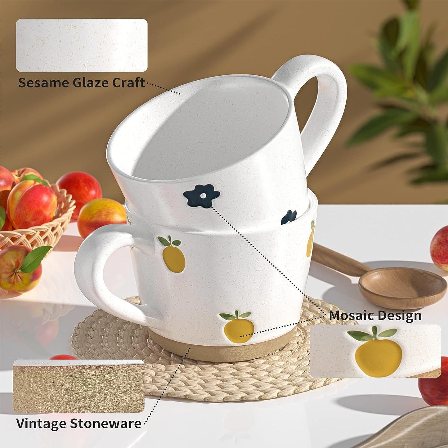 Coffee Mugs Set of 2, 12oz/350ml Ceramic Handles Couple Cup, Flowers and Oranges Mug Best Gifts Novelty Coffee Mug Gift for Women/Men at Home, Kids Mug for School Microwave Safe