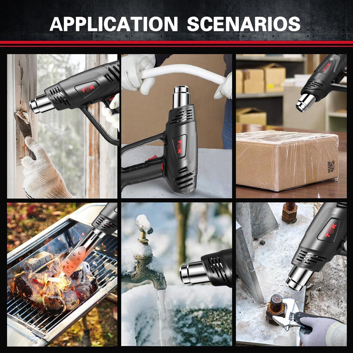 Heat Gun, TGK® 1800W Heavy Duty Hot Air Gun Kit 122℉~1202℉ Dual Temperature Settings with 6 Nozzle Attachments Overload Protection for Crafts, Shrink Wrapping/Tubing, Paint Removing, Epoxy Resin