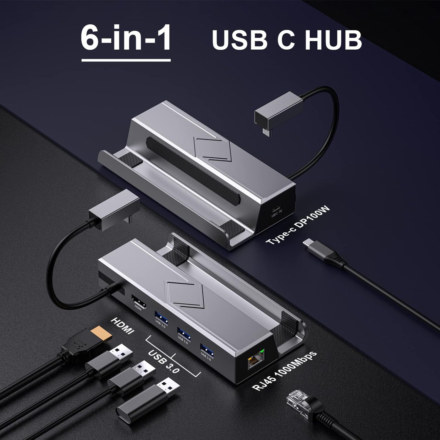 Steam Deck Dock, Aluminum Alloy 6-in-1 Steam Deck Docking Station with HDMI 2.0 4k@60Hz, Gigabit Ethernet, 3 USB 3.0 Port and USB-C PD Port, Steam Deck Accessories for Valve Stream Deck