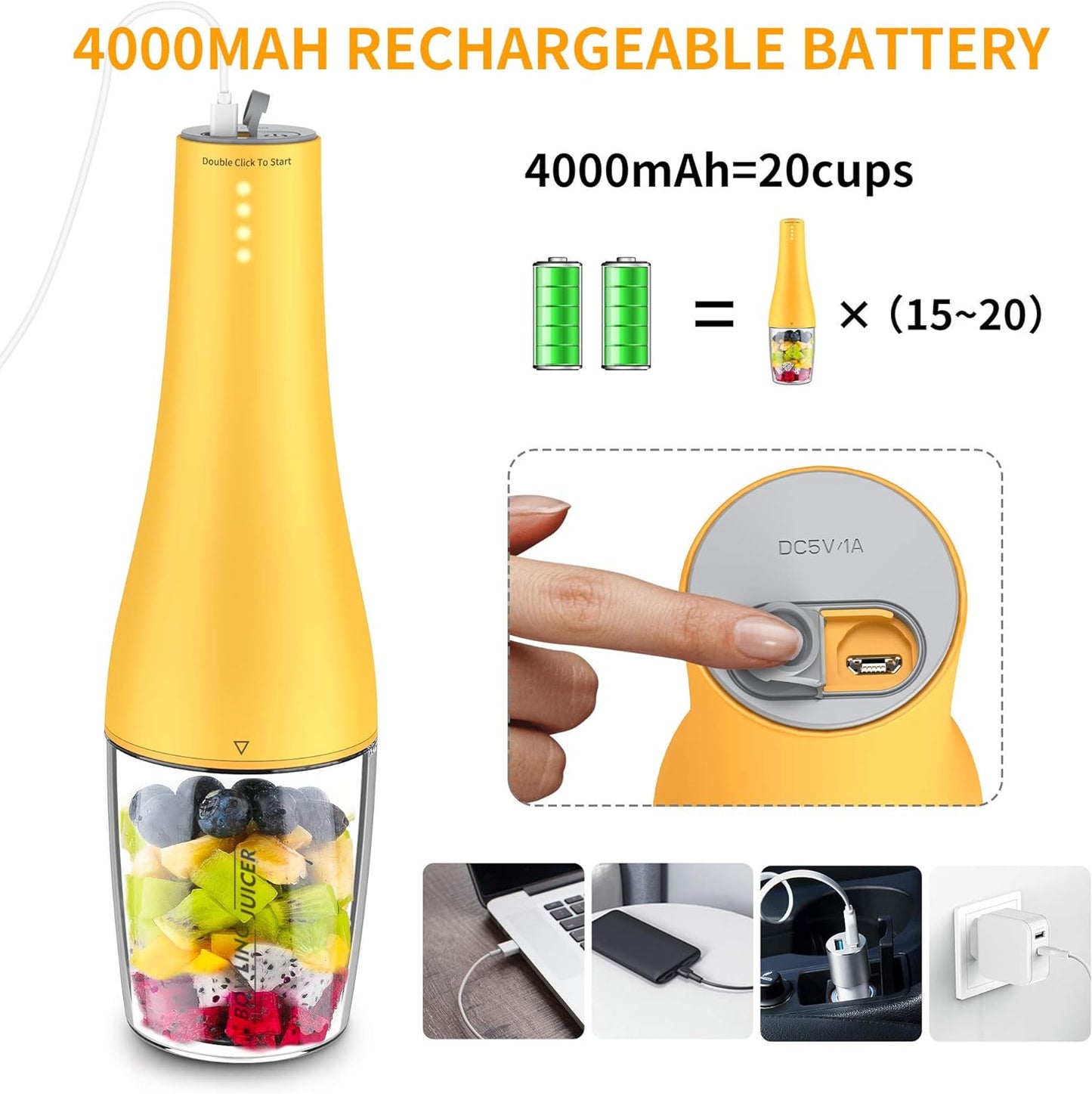 Portable Blender, Personal Blender with USB Rechargeable Mini Juicer Mixer, 15Oz Personal Size Blender for Smoothies and Shakes Mini Blender Mixer Travel 380ML, Fruit Juice, Milk