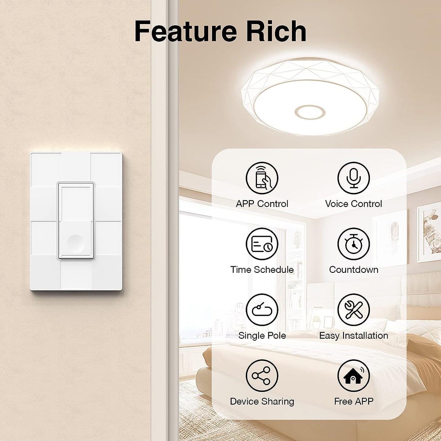Smart Wall Light Switch,Tilvision 2.4Ghz WiFi Smart Light Switch Work with Alexa,Single Pole Smart Life Switch,Neutral Wire Required,Remote Control Schedule(1 Pack)