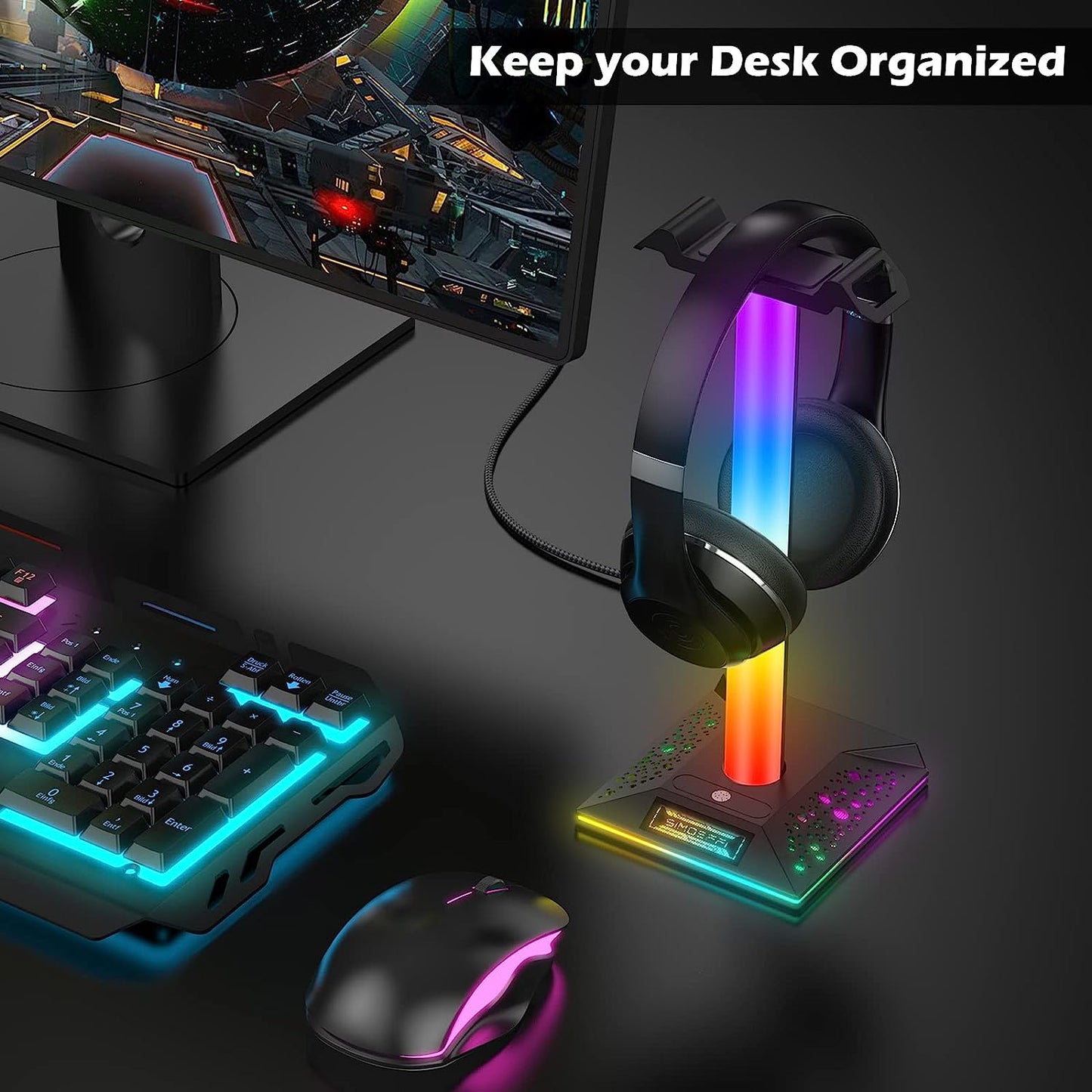 Upgraded RGB Gaming Headphones Stand, Headset Stand with 3.5mm AUX and 2 USB Charging Ports, Headphone Holder with 10 Light Modes and Memory Feature for Gamers PC Earphone Accessories Desk