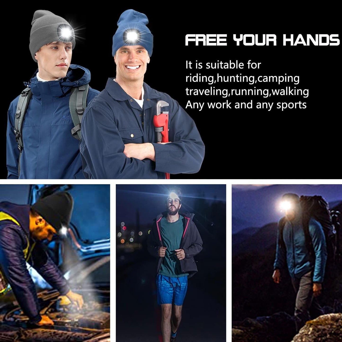 SOCTKE LED Beanie Hat with Light,USB Rechargeable 4 LED Headlamp Hat,Gifts for Men Winter Warm Knitted Caps,Used for Outside