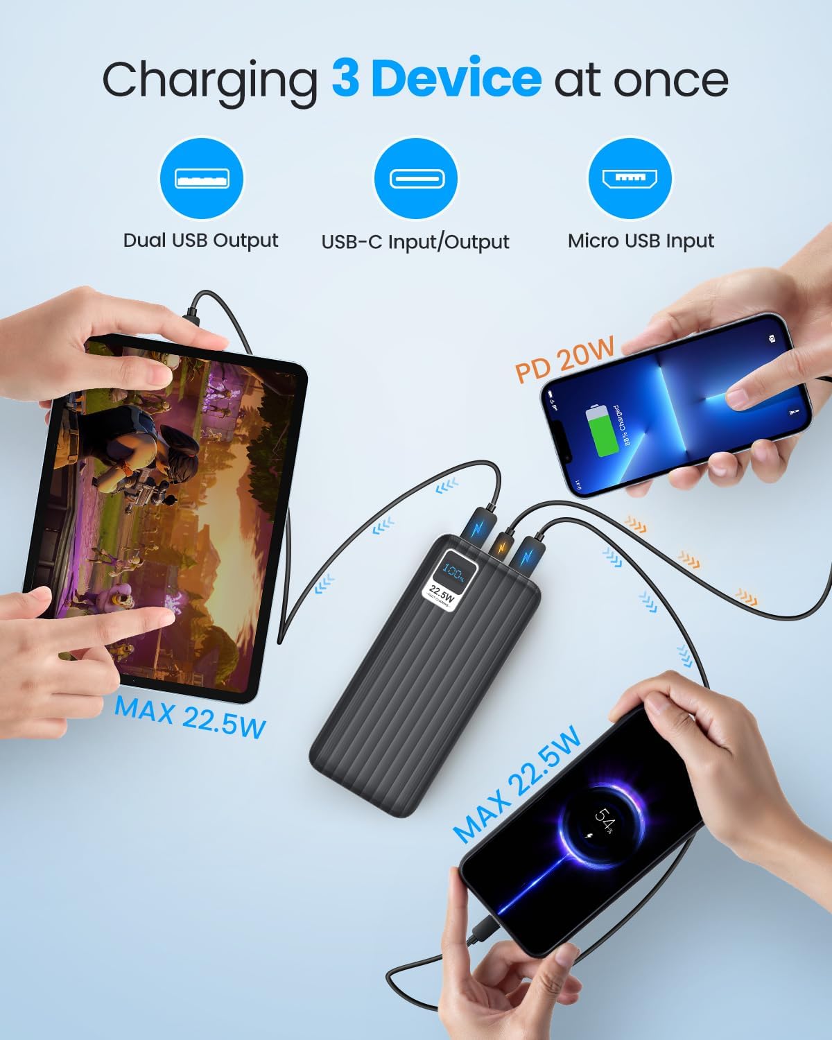 Portable Charger Power Bank 50000mah - PD 22.5W USB C Charger, QC 4.0 Fast Charging Battery Pack with LED Display 3 Outputs for iPhone, Samsung, iPad etc.