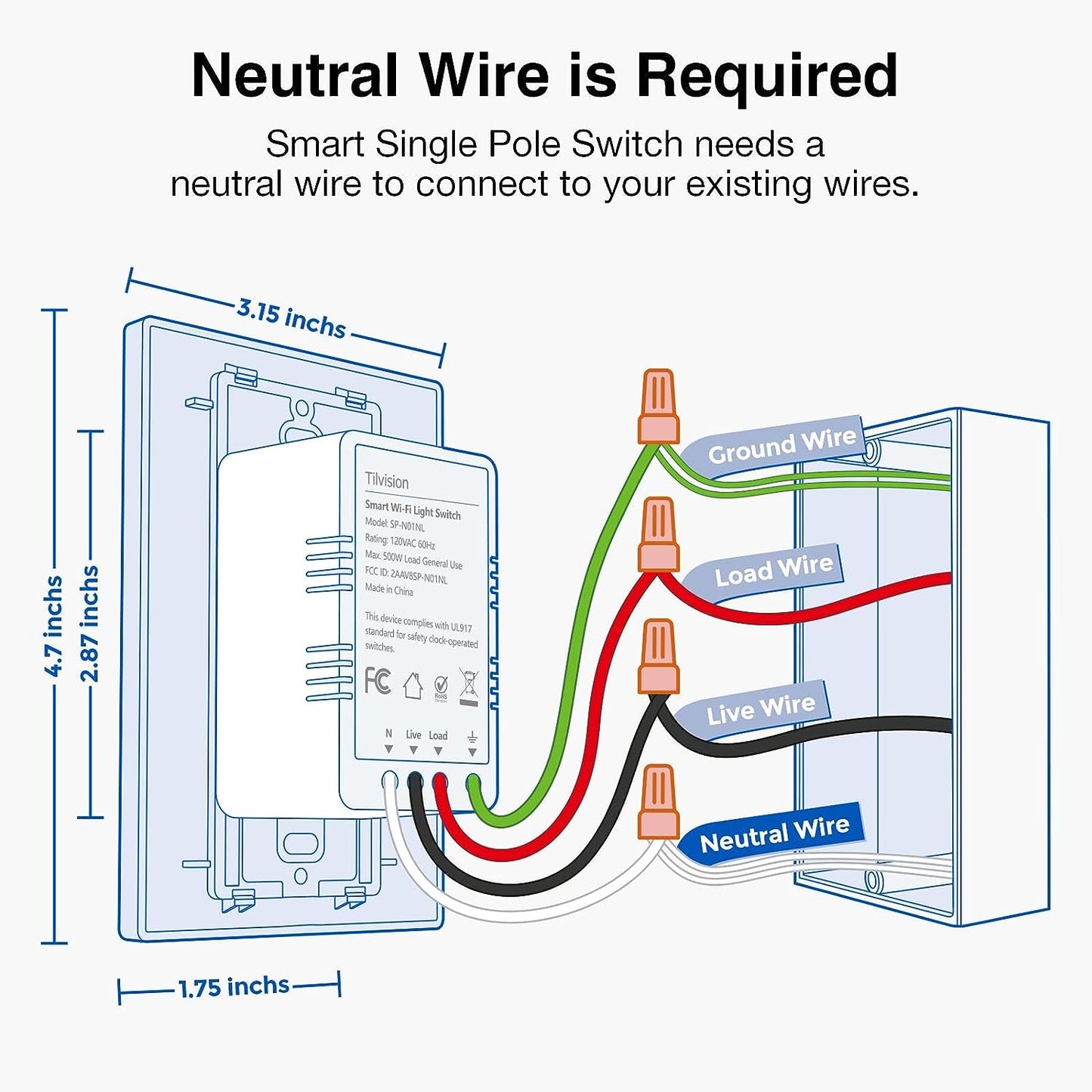 Smart Wall Light Switch,Tilvision 2.4Ghz WiFi Smart Light Switch Work with Alexa,Single Pole Smart Life Switch,Neutral Wire Required,Remote Control Schedule(1 Pack)