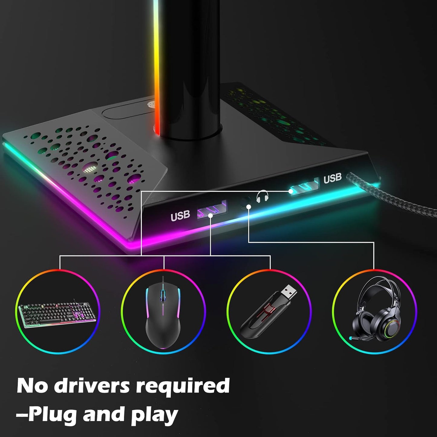 Upgraded RGB Gaming Headphones Stand, Headset Stand with 3.5mm AUX and 2 USB Charging Ports, Headphone Holder with 10 Light Modes and Memory Feature for Gamers PC Earphone Accessories Desk