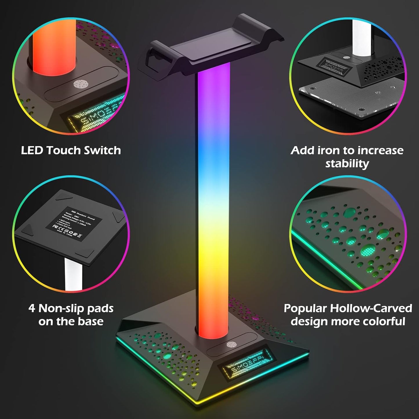 Upgraded RGB Gaming Headphones Stand, Headset Stand with 3.5mm AUX and 2 USB Charging Ports, Headphone Holder with 10 Light Modes and Memory Feature for Gamers PC Earphone Accessories Desk