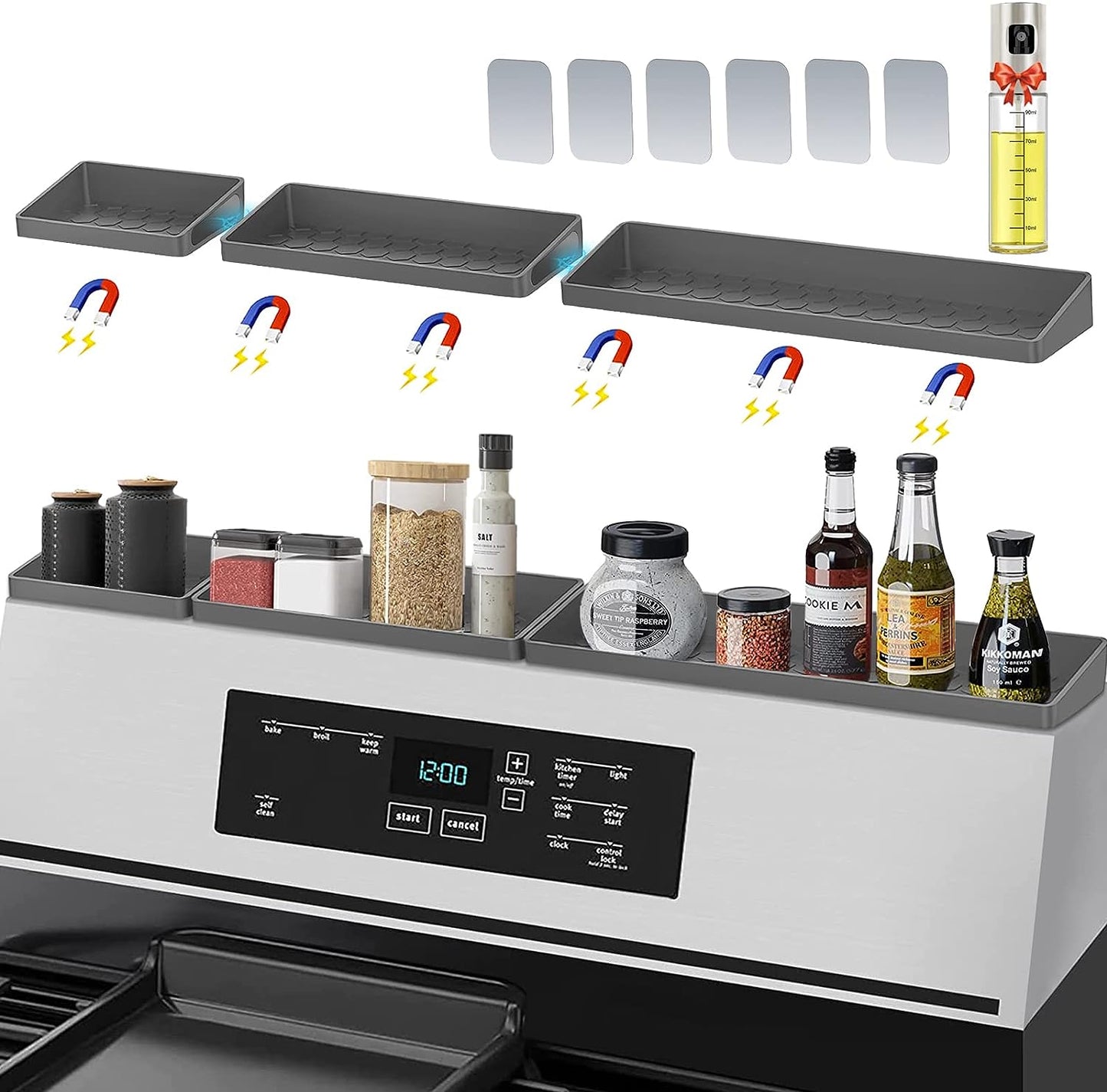Magnetic Stove Top Shelf 24" & 30", Silicone Over Shelf for Kitchen Stove, Oven Shelf for Back of Stove, 3 in 1 Kitchen Storage Solution, Zero Installation Over Stove Spice Rack Organizer, Grey