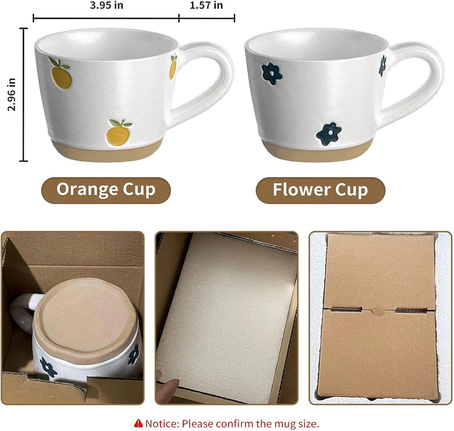 Coffee Mugs Set of 2, 12oz/350ml Ceramic Handles Couple Cup, Flowers and Oranges Mug Best Gifts Novelty Coffee Mug Gift for Women/Men at Home, Kids Mug for School Microwave Safe