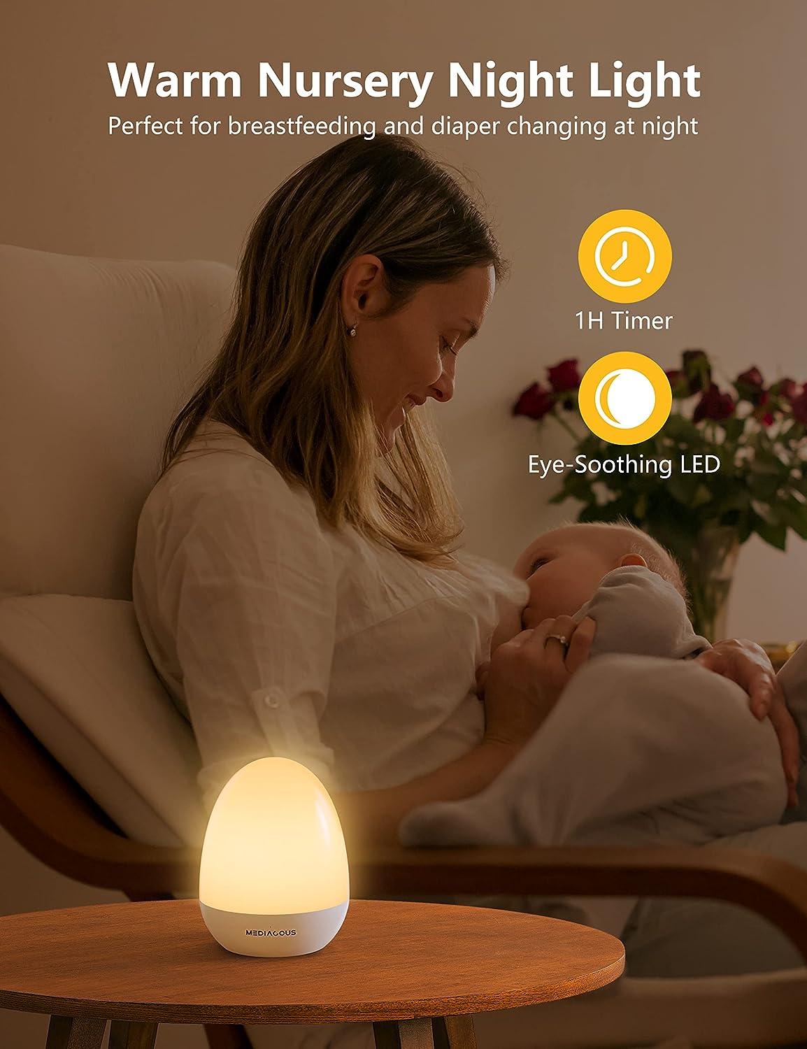 Night Lights for Kids Room, Baby Night Light with Stable Charging Pad, Dimmable Kids Night Light with 1H Timer & Touch Control, ABS+PC LED Egg Lamps for Breastfeeding, Up to 200H