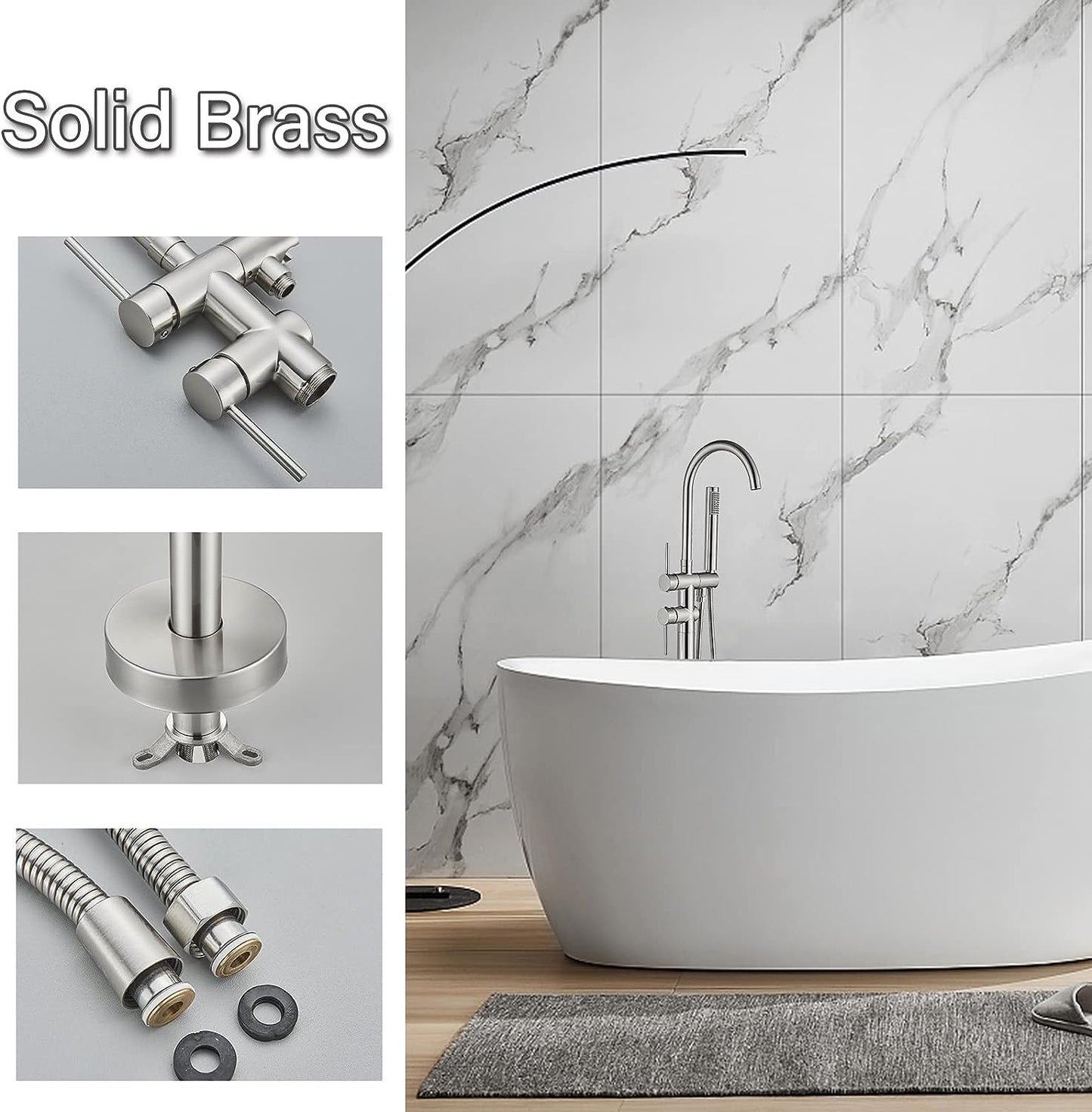Freestanding Tub Fillers Brushed Nickel Floor Mounted Bathtub Faucets With Handheld Shower 360 Swivel Standing Spout High Flow Bathroom Metal Shower