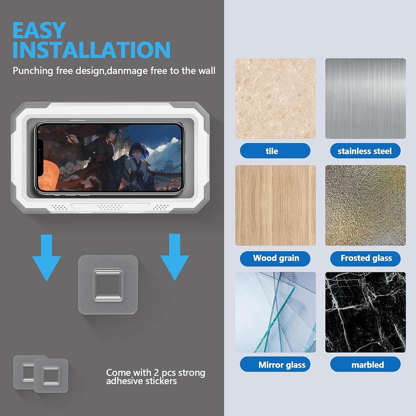 Shower Phone Holder, Waterproof Universal Shower Phone Case Phone Stand Wall Mount Bathroom Glass Mirror Bathtub Kitchen for iPhone 14 13 12 11 Pro Max up to 6.8" Any Cell Phone - White