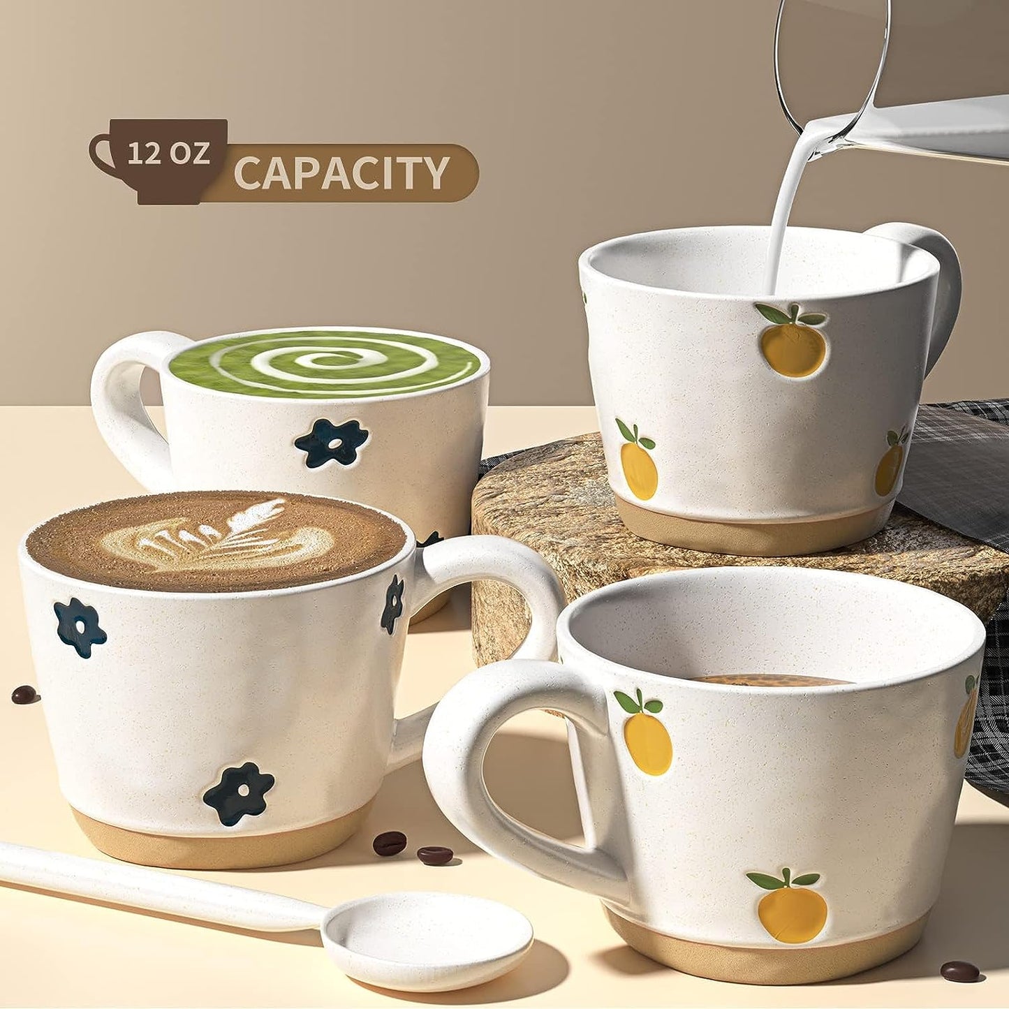 Coffee Mugs Set of 2, 12oz/350ml Ceramic Handles Couple Cup, Flowers and Oranges Mug Best Gifts Novelty Coffee Mug Gift for Women/Men at Home, Kids Mug for School Microwave Safe