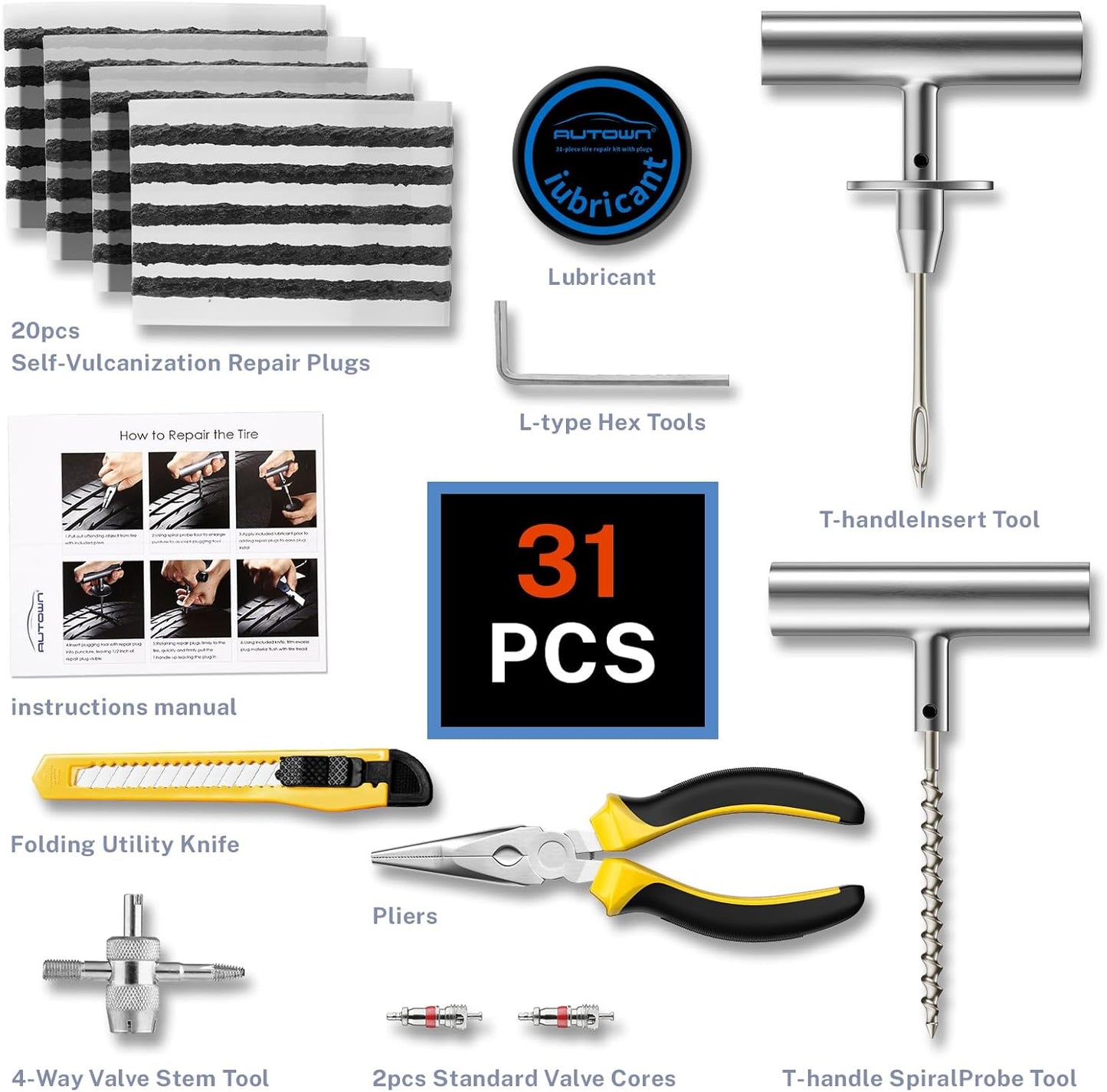 Flat Tire Repair Kit with Plugs 31 Pcs for Car, Motorcycle, ATV, Jeep, Truck, Tractor Flat Tire Puncture Repair…