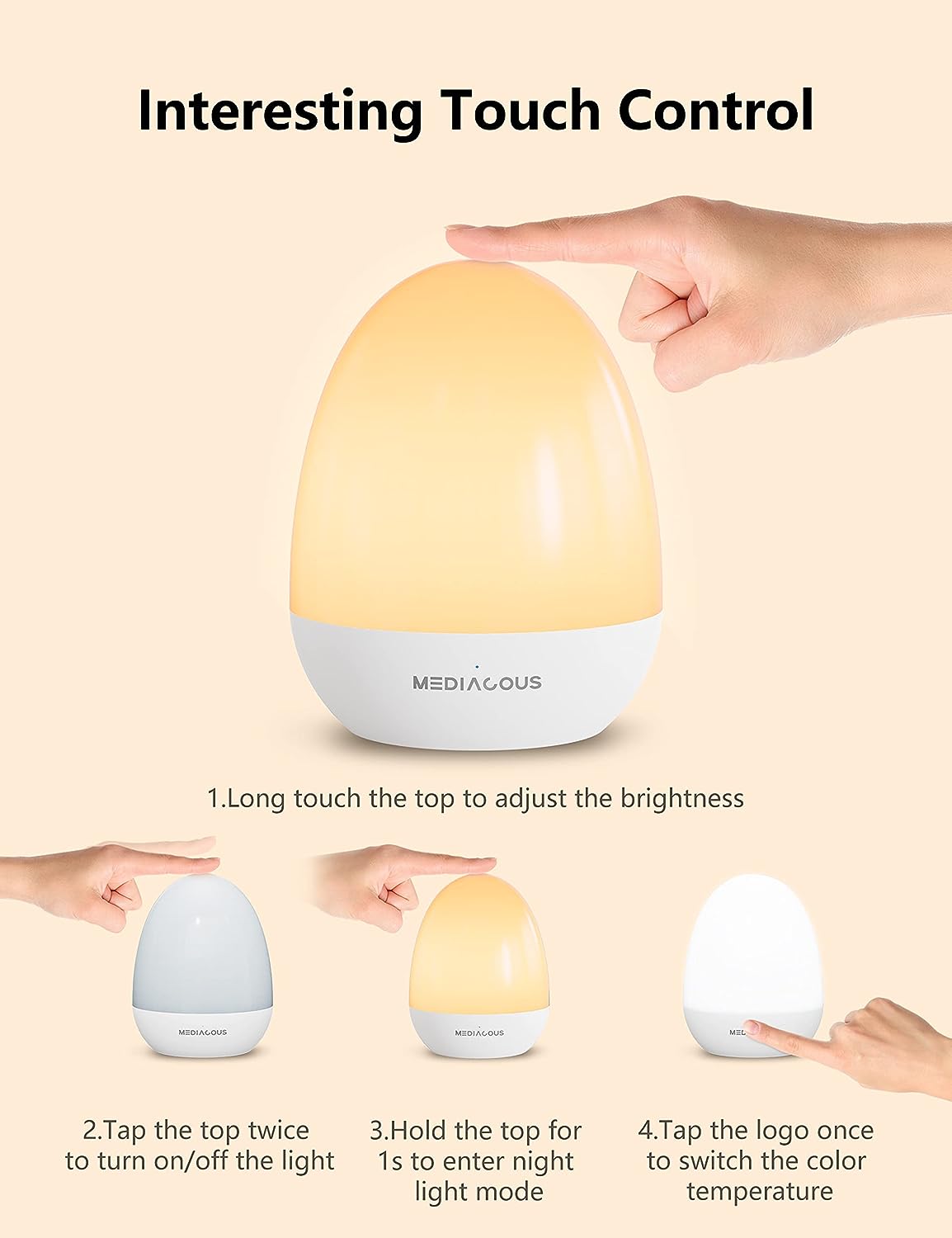 Night Lights for Kids Room, Baby Night Light with Stable Charging Pad, Dimmable Kids Night Light with 1H Timer & Touch Control, ABS+PC LED Egg Lamps for Breastfeeding, Up to 200H
