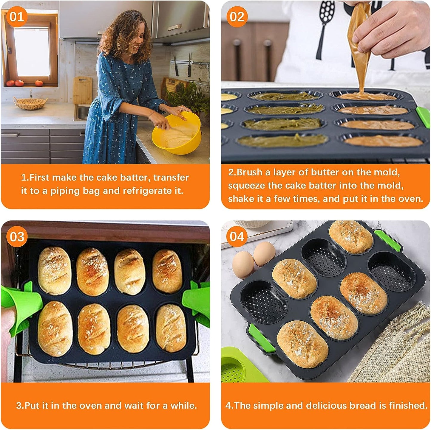 Bread Pans for Baking,Silicone Baguette Pan, Non-Stick French Bread Baking Pan,Hot Dog Bun Mold,Hamburgers Bun Pan,Cake Cooking,Bread Pans for Homemade Bread (Black)