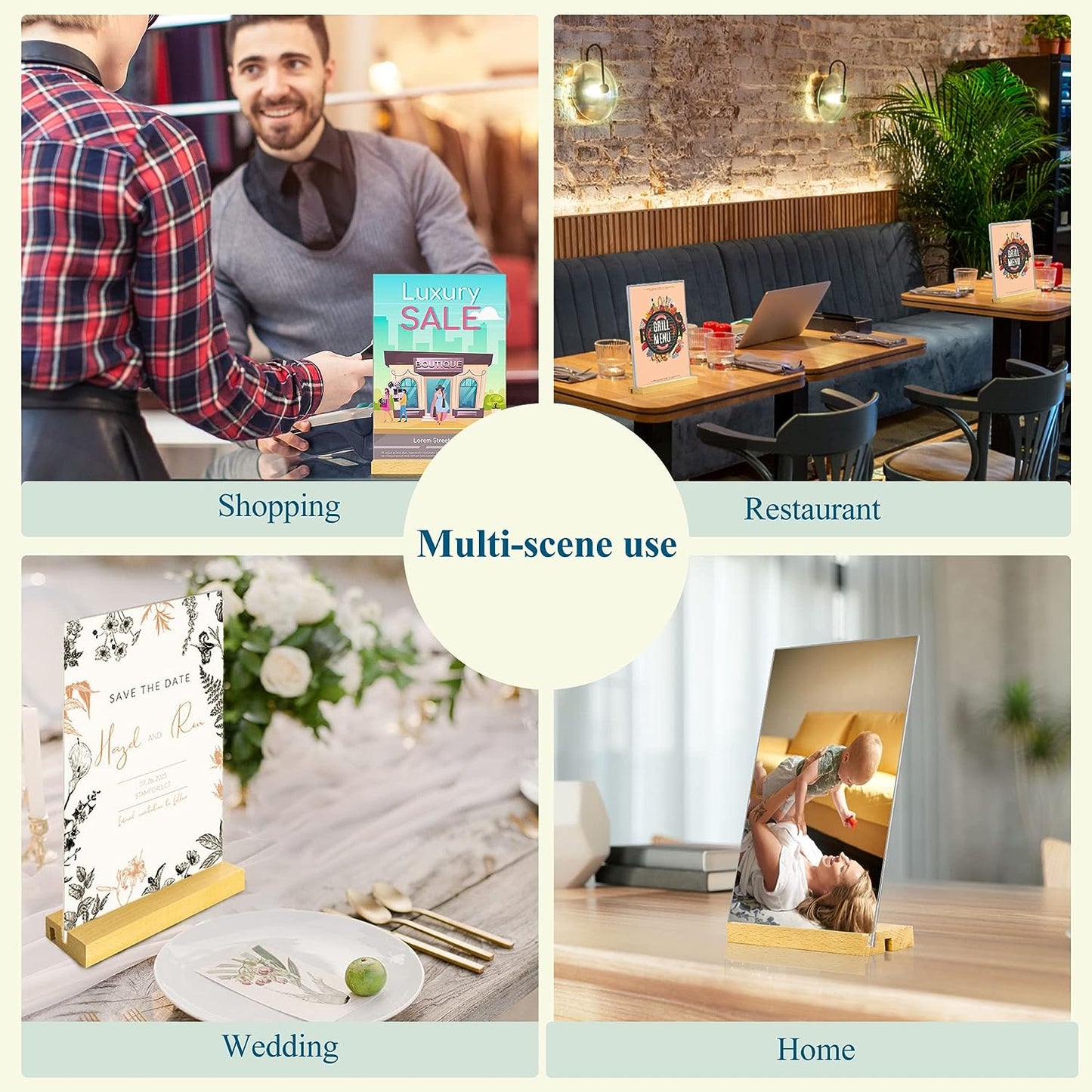 Upgrade Acrylic Sign Holder 8.5x11 Inch Clear Plastic Stand Sign Holder T & L Shape Paper Display Table Wood Stand for Restaurant, Office, Exhibition, Store (3 Pack)