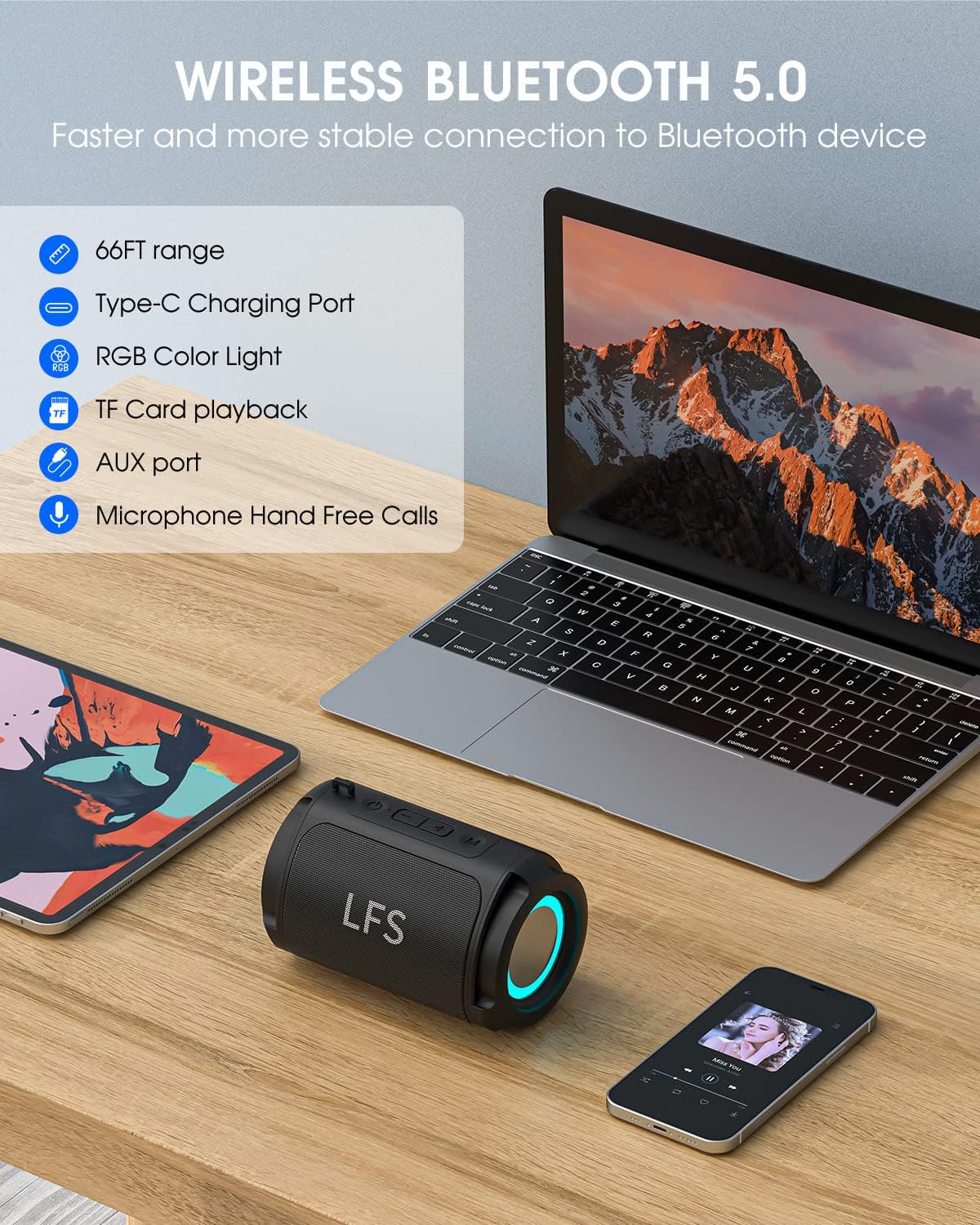 Portable Bluetooth Speakers Waterproof Wireless Speaker Small Shower Speaker, TWS Pairing, RGB Lights, 15H Playtime, Mini Speakers for Travel, Home, Beach, Camping